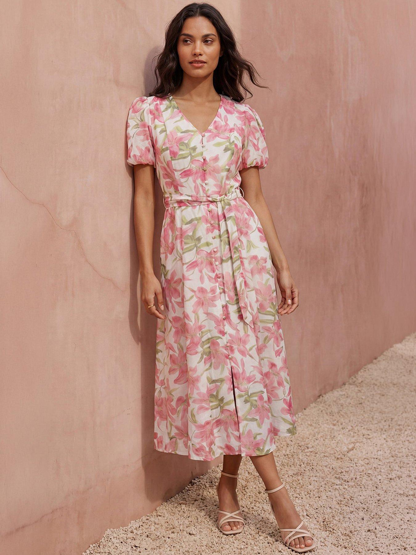Roman Floral Print Puff Sleeve Midi Dress