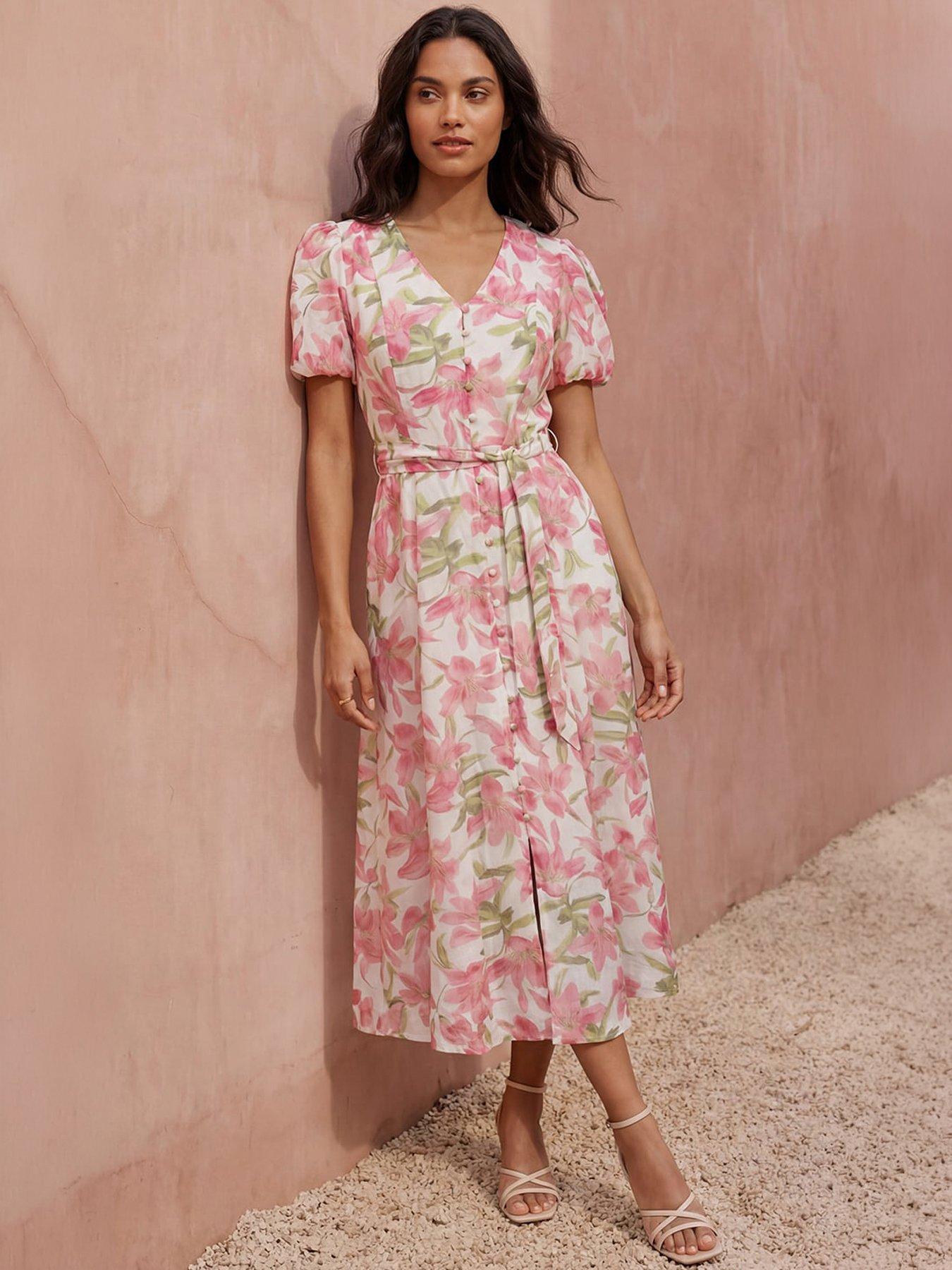 Image 1 of 4 of Roman Floral Print Puff Sleeve Midi Dress