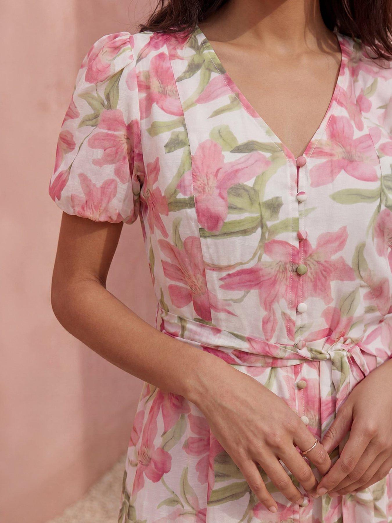 Image 2 of 4 of Roman Floral Print Puff Sleeve Midi Dress