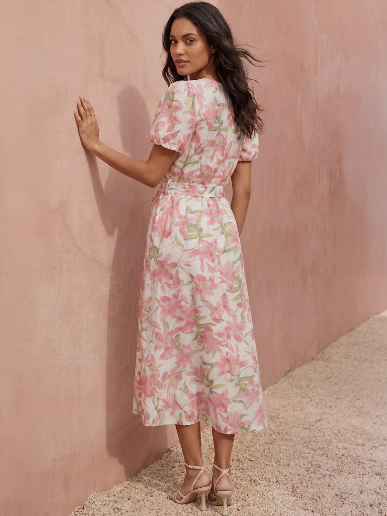 Image 3 of 4 of Roman Floral Print Puff Sleeve Midi Dress