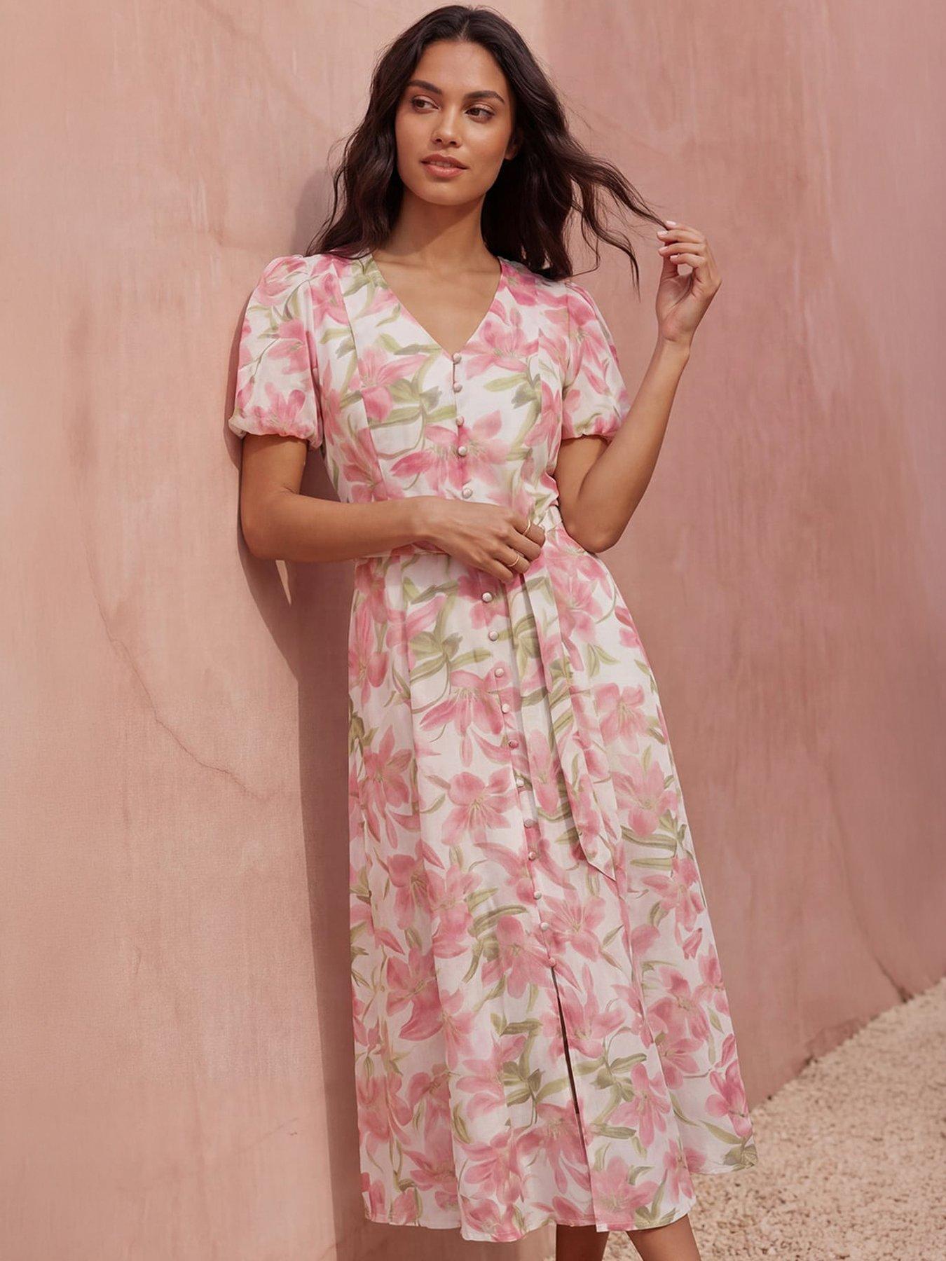 Image 4 of 4 of Roman Floral Print Puff Sleeve Midi Dress