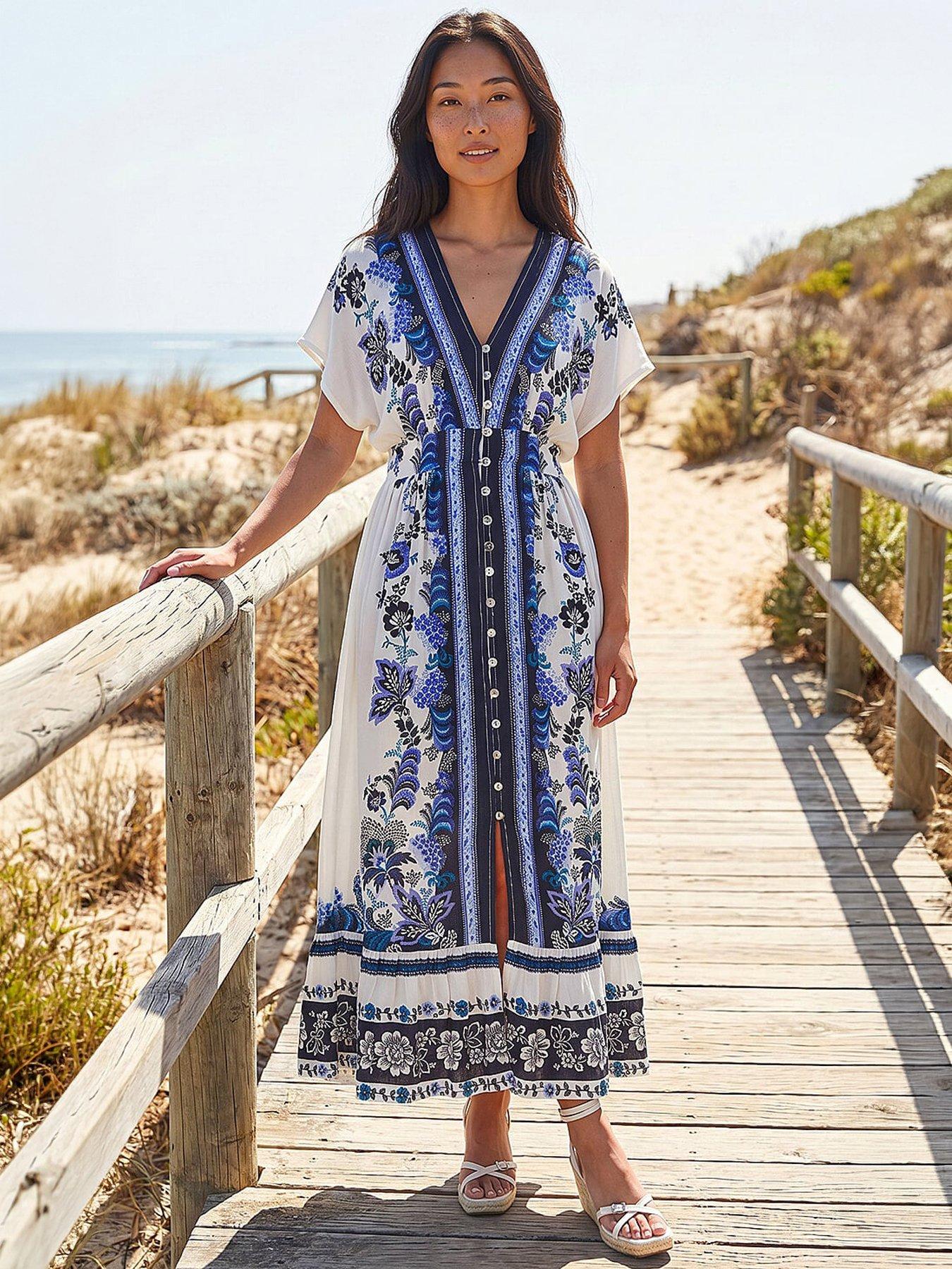 Image 1 of 4 of Roman Petite Border Print V-neck Midi Dress
