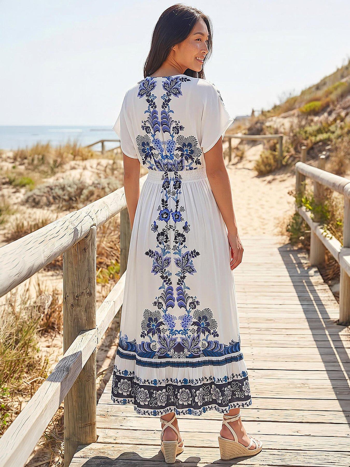 Image 3 of 4 of Roman Petite Border Print V-neck Midi Dress
