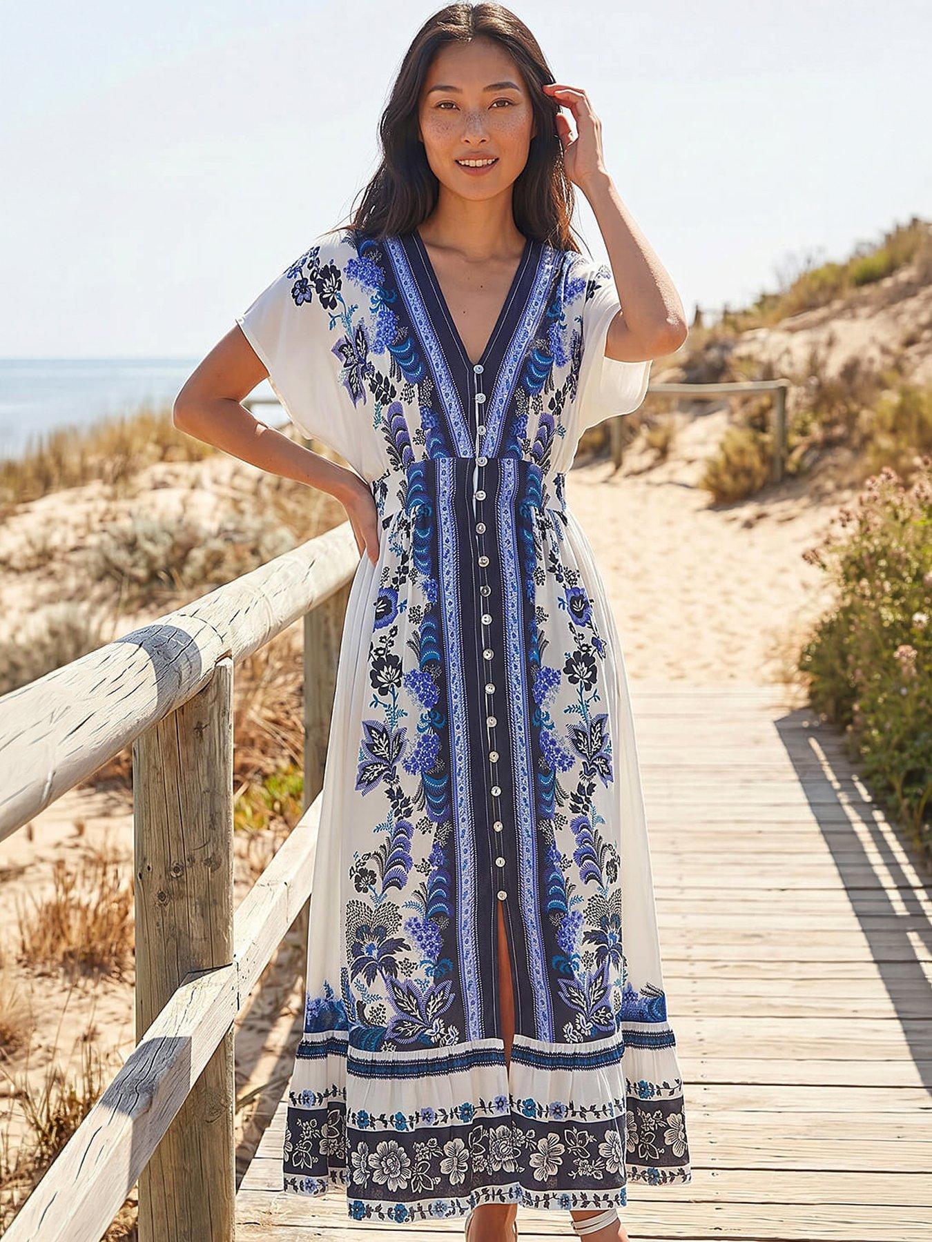 Image 4 of 4 of Roman Petite Border Print V-neck Midi Dress