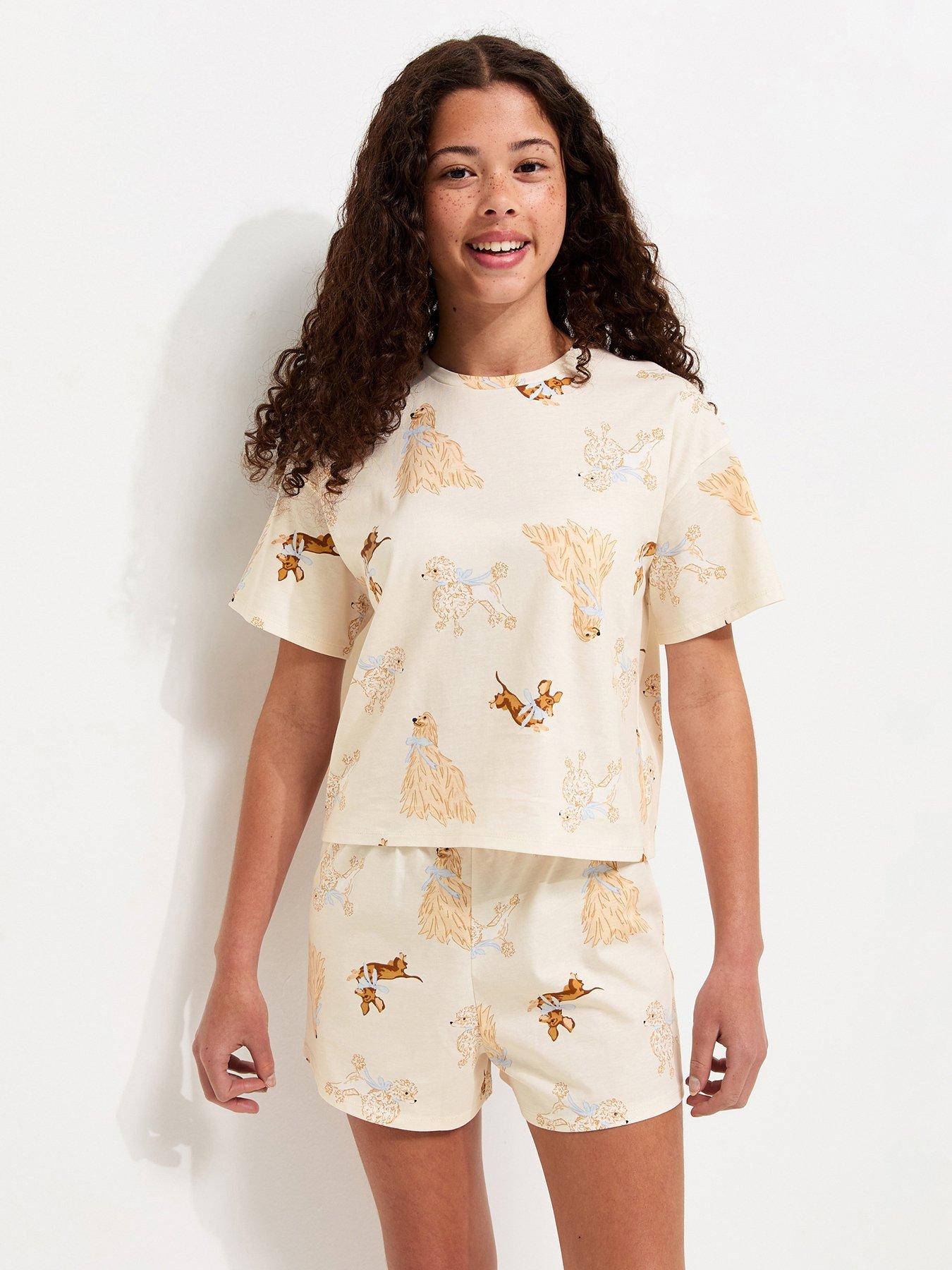New Look 915 Girls Dog Print T-Shirt And Shorts Pyjama Set - Cream