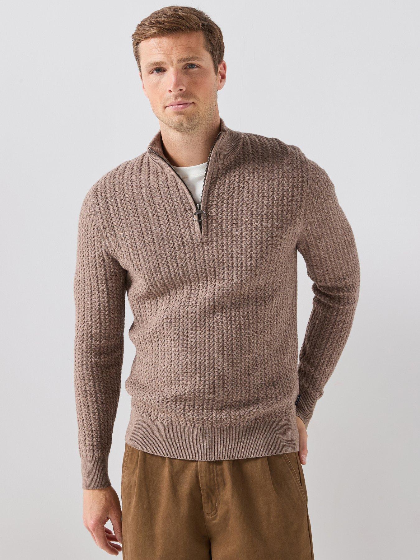 Image 1 of 6 of Barbour Herringbone Textured Zip Knitted Jumper - Beige