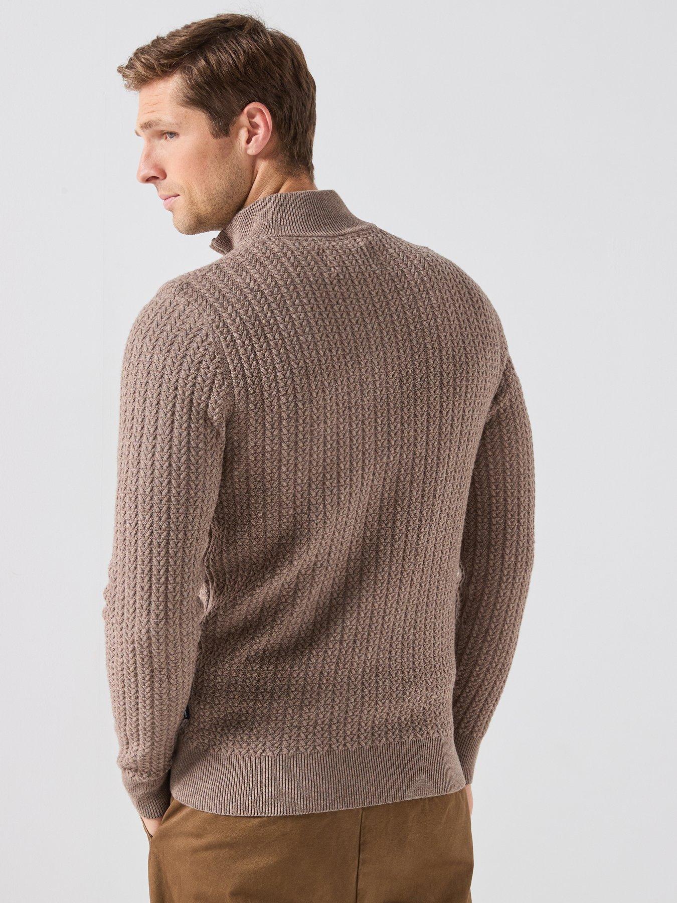 Image 2 of 6 of Barbour Herringbone Textured Zip Knitted Jumper - Beige