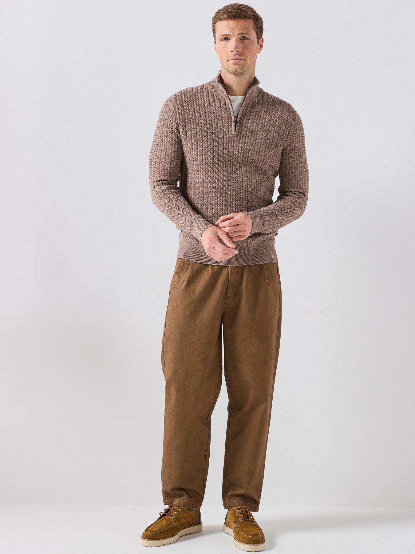 Image 3 of 6 of Barbour Herringbone Textured Zip Knitted Jumper - Beige