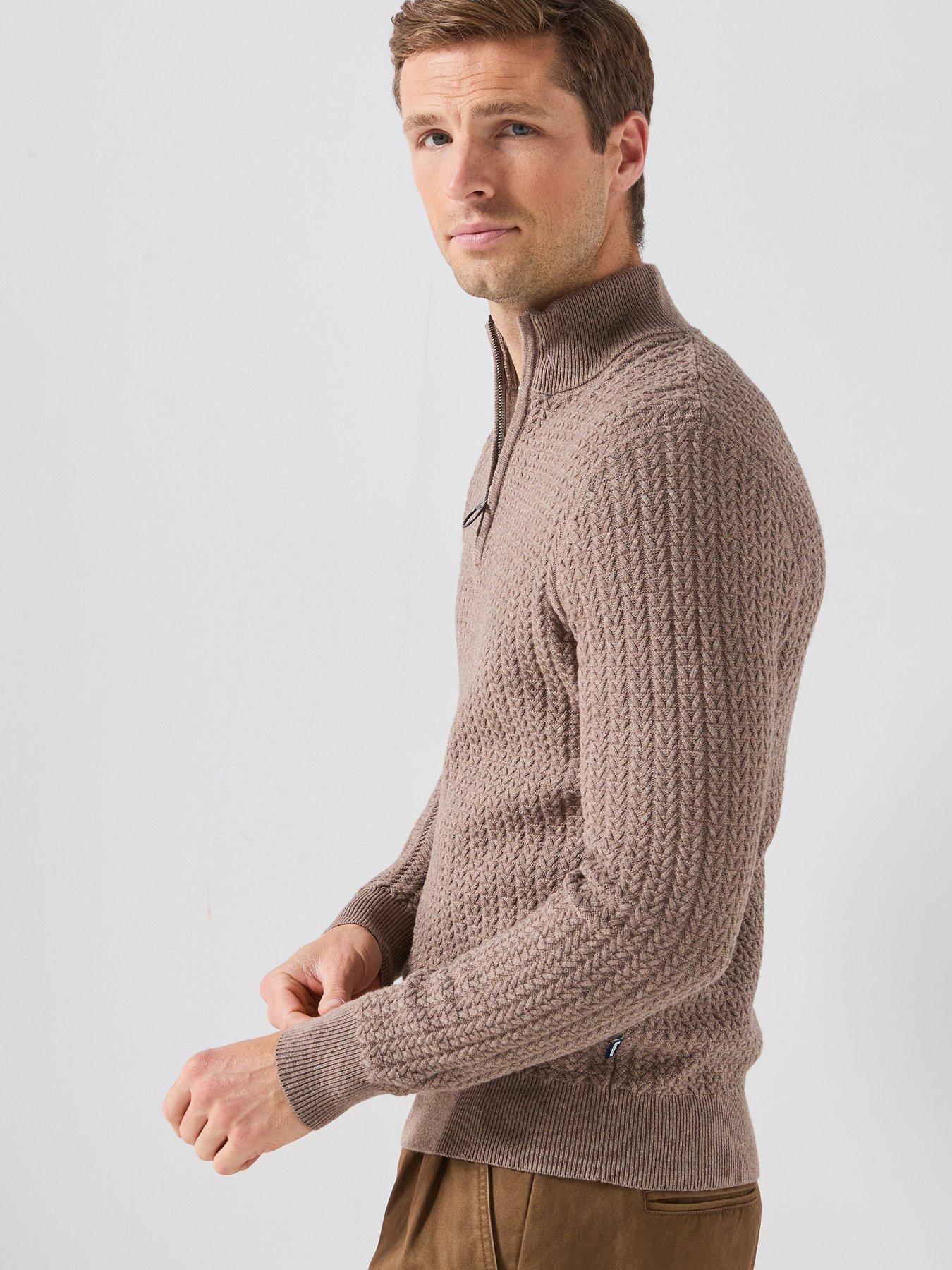 Image 5 of 6 of Barbour Herringbone Textured Zip Knitted Jumper - Beige