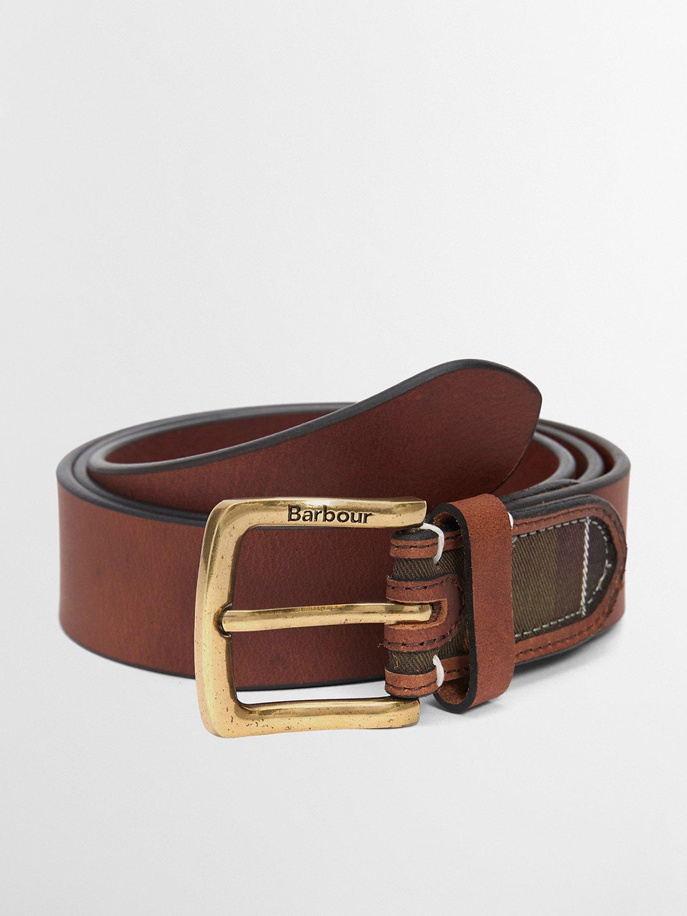 Image 1 of 4 of Barbour Mens Tartan Panel Engraved Buckle Leather Belt - Brown