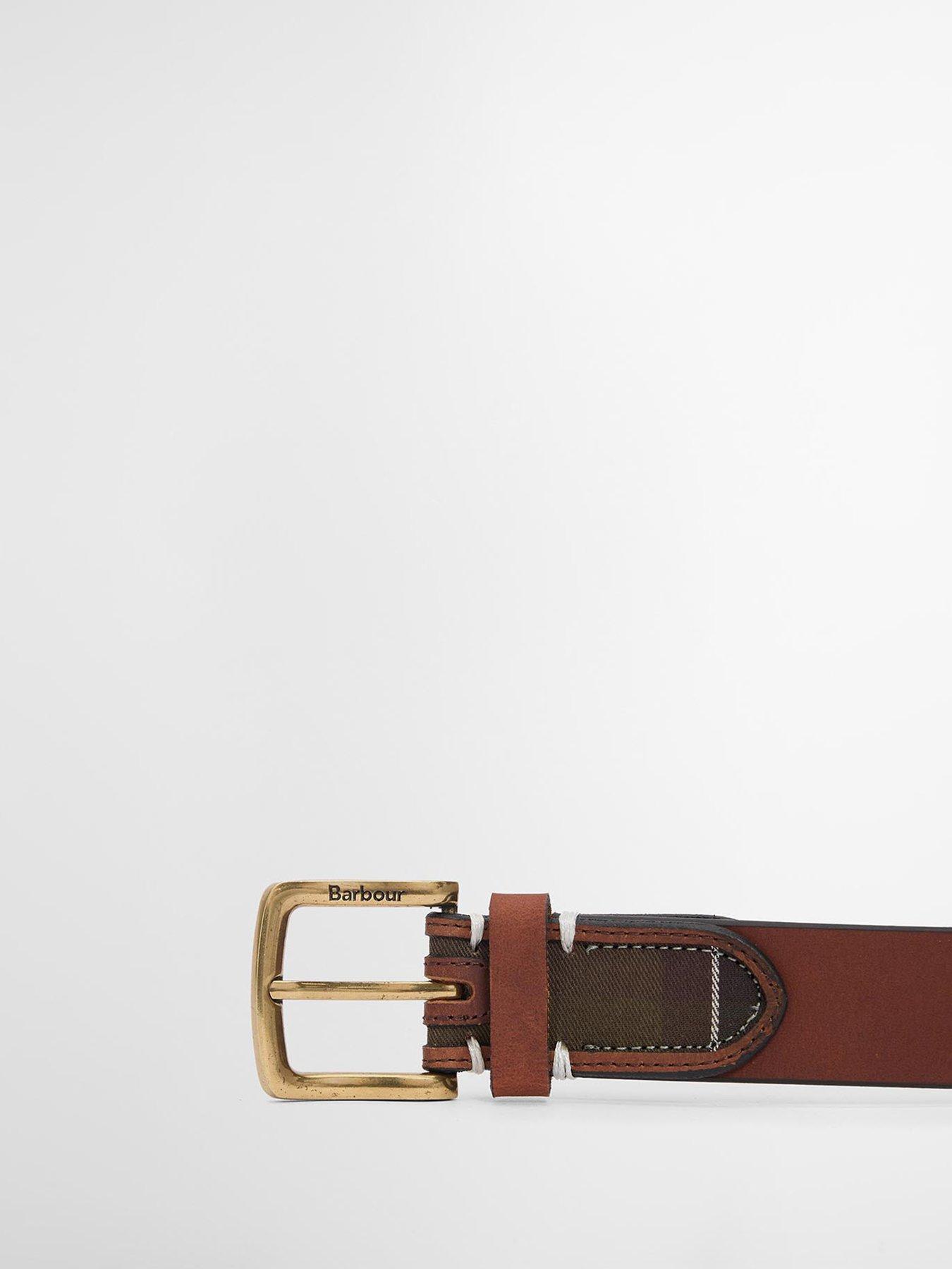 Image 2 of 4 of Barbour Mens Tartan Panel Engraved Buckle Leather Belt - Brown