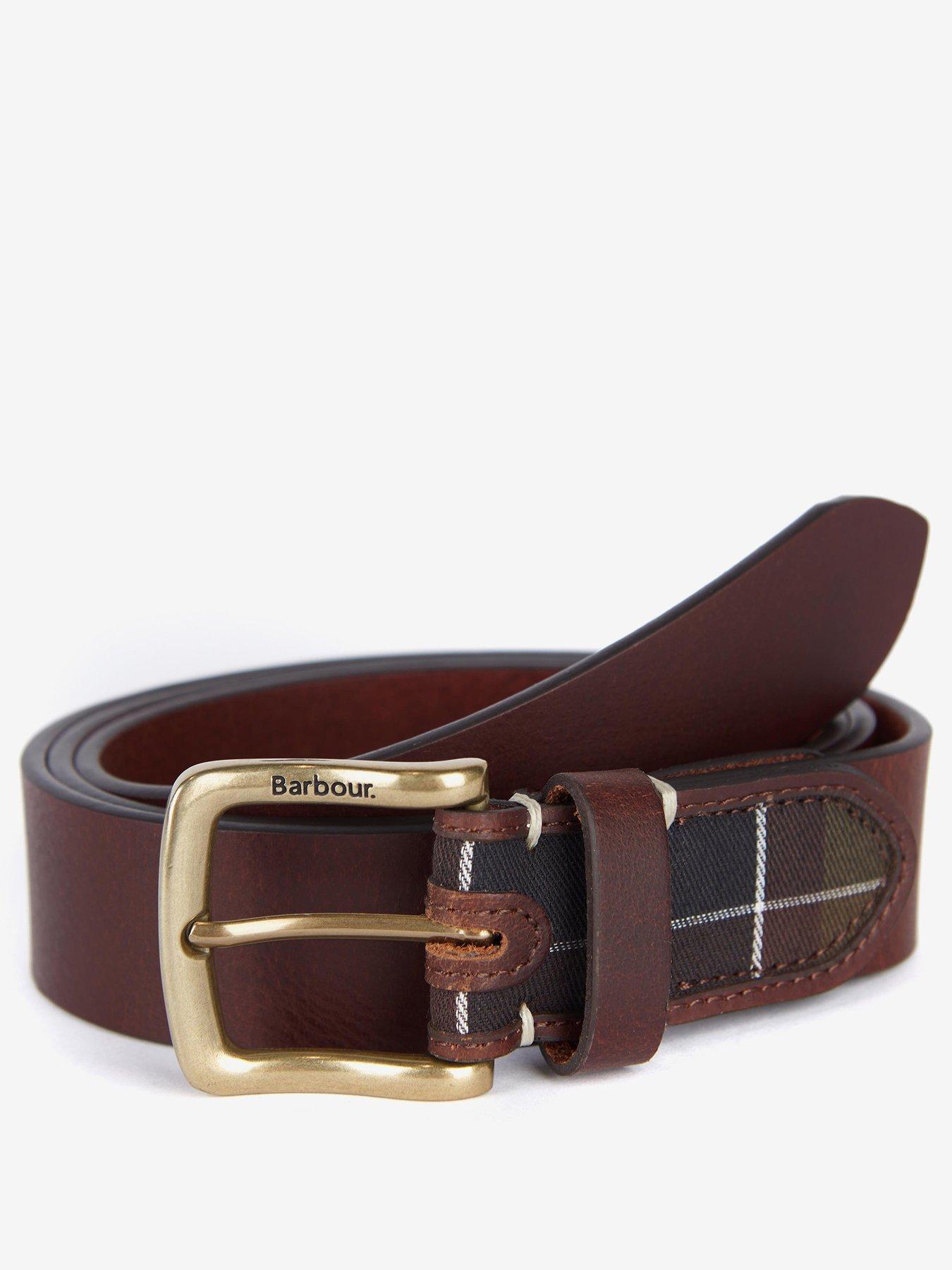 Image 4 of 4 of Barbour Mens Tartan Panel Engraved Buckle Leather Belt - Brown