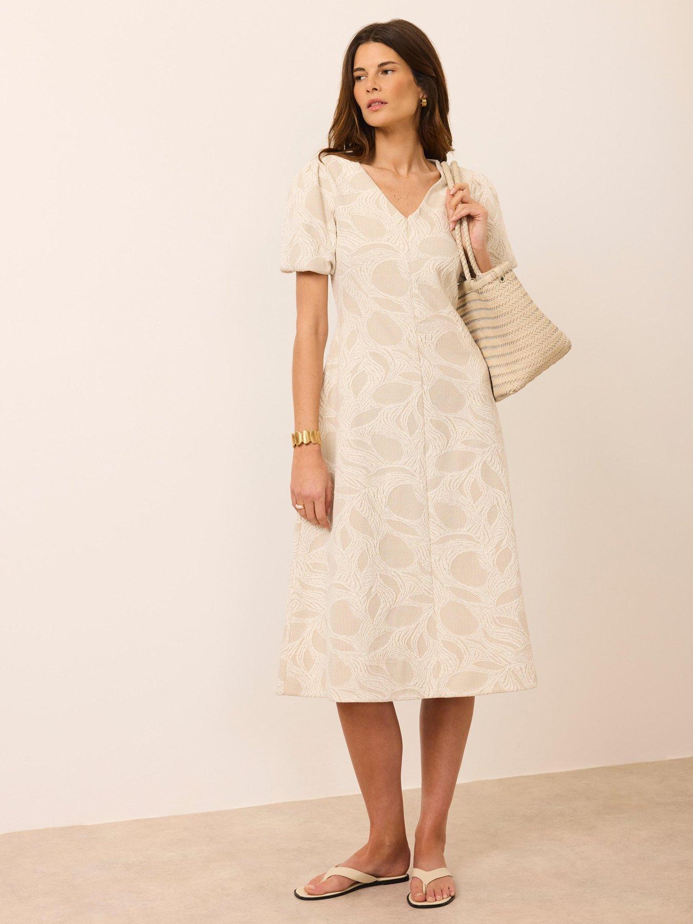 Mint Velvet Puff Sleeve Jacquard Dress - Cream