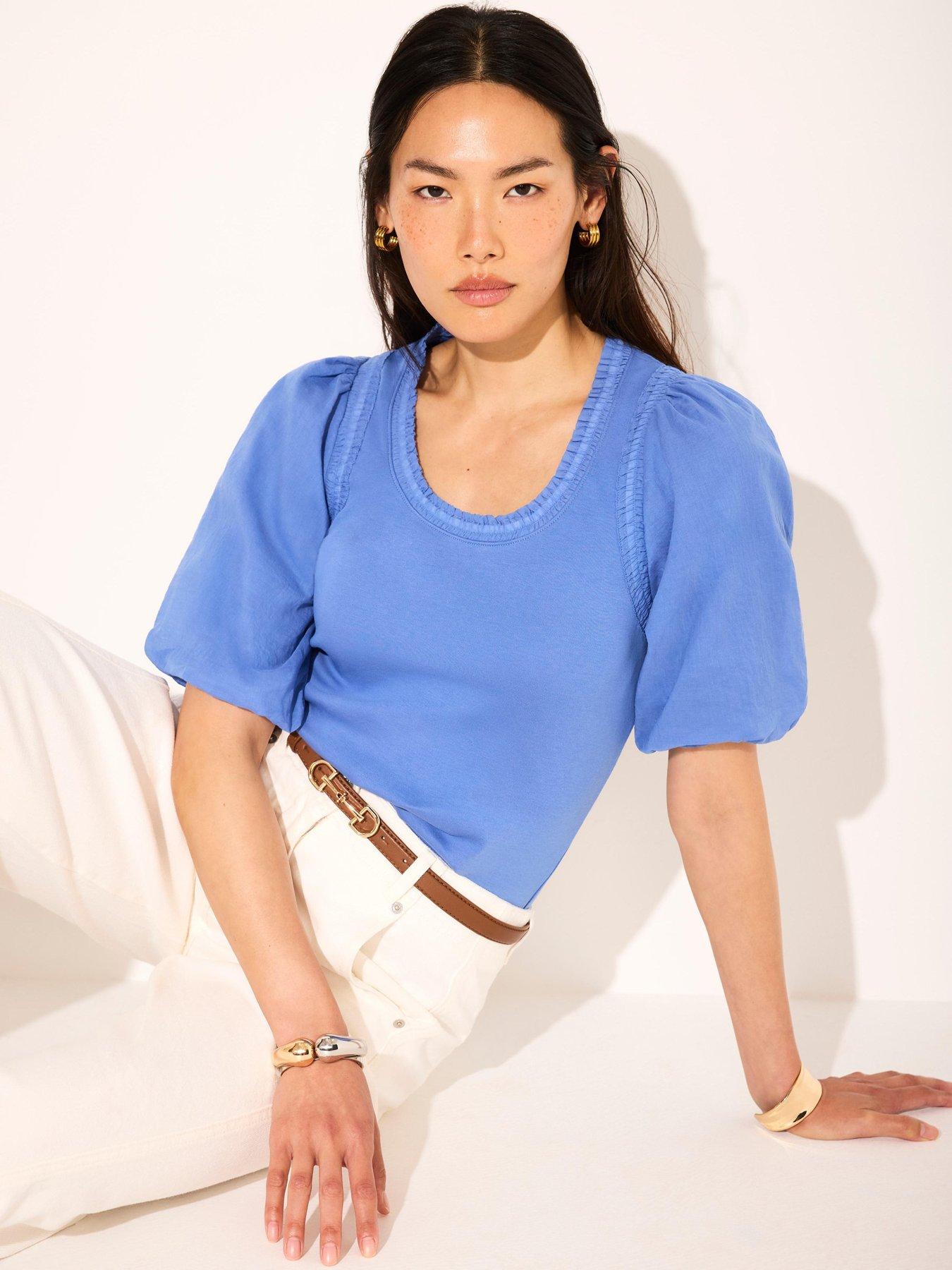 Mint Velvet Trim Woven Mix Top - Blue