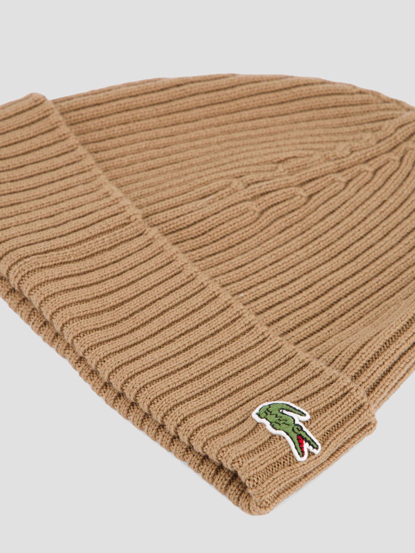 Image 3 of 4 of Lacoste Ribbed Knitted Beanie- Brown