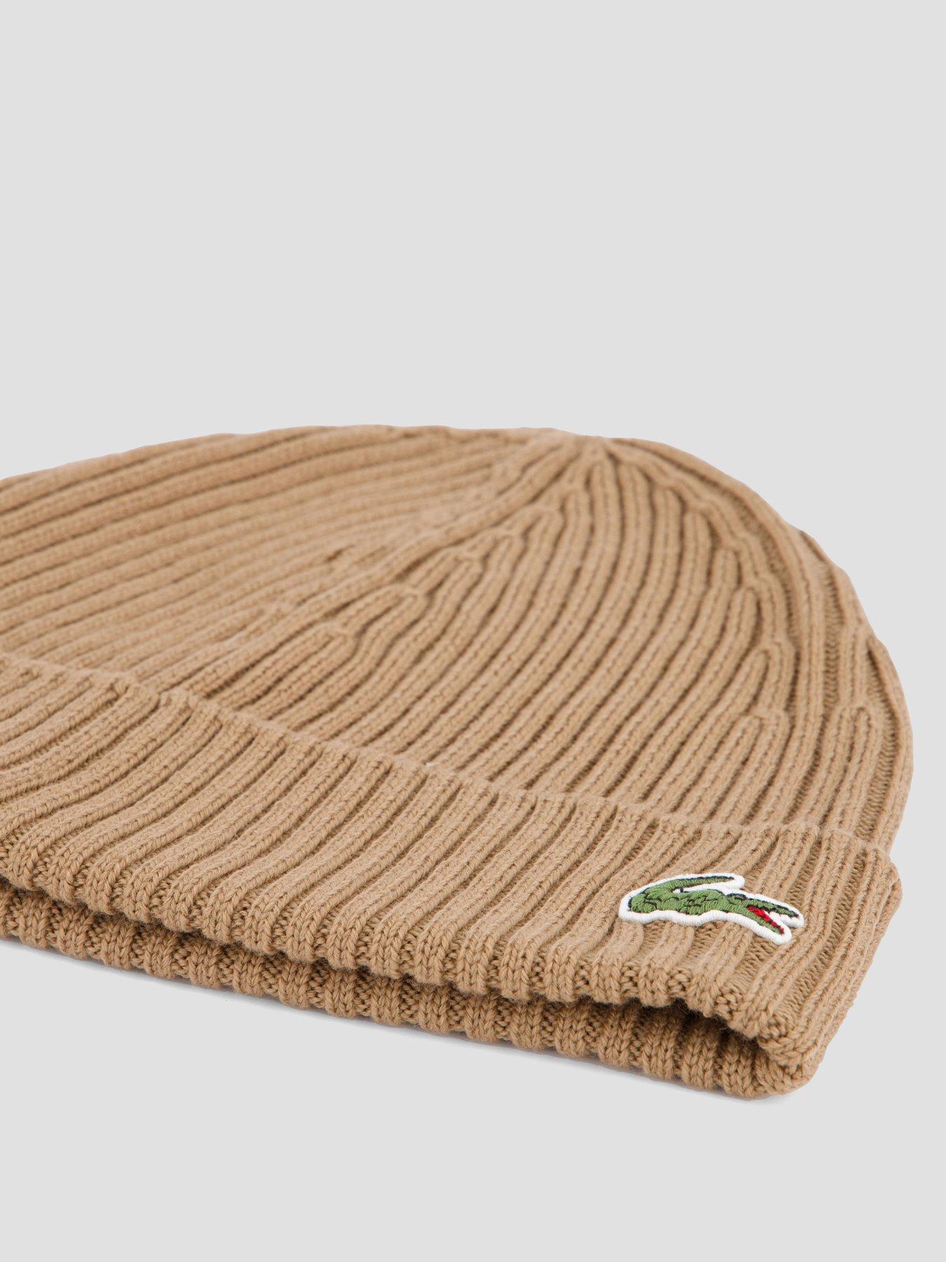 Image 4 of 4 of Lacoste Ribbed Knitted Beanie- Brown