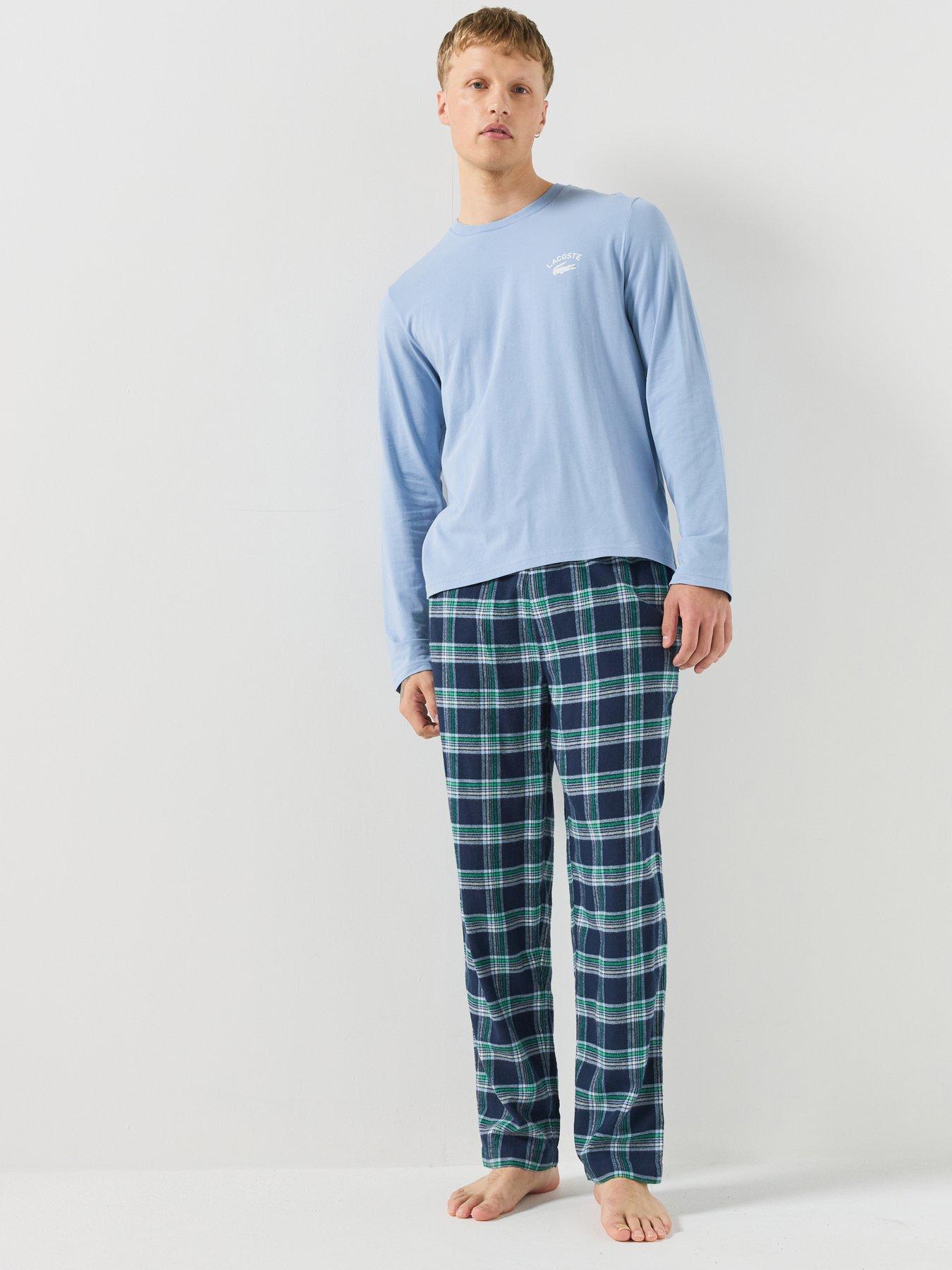 Image 1 of 6 of Lacoste Mens Long Sleeve Checked Pyjama Set - Blue