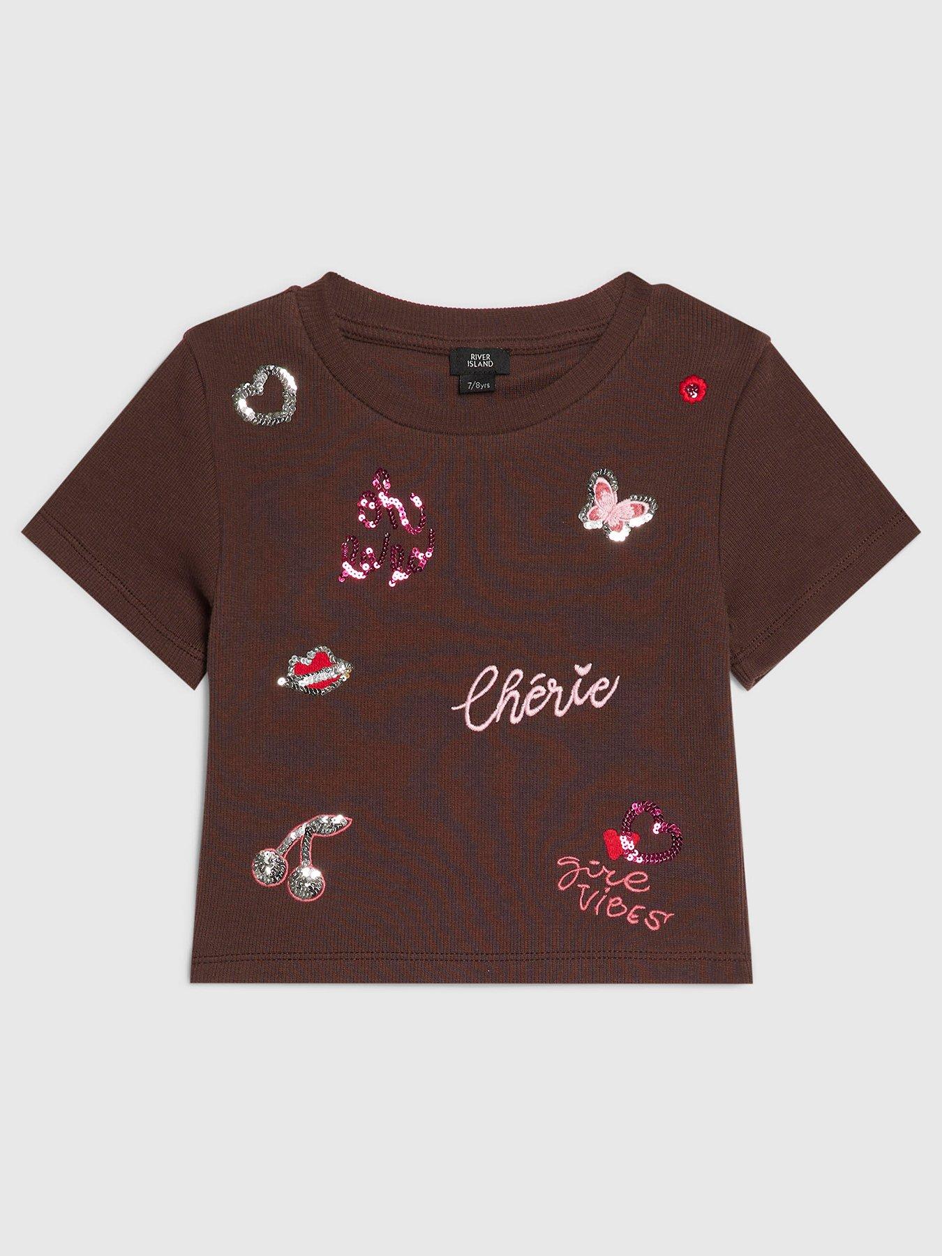 Image 1 of 4 of River Island Older Girls Sequin Embroidered T-Shirt - Brown