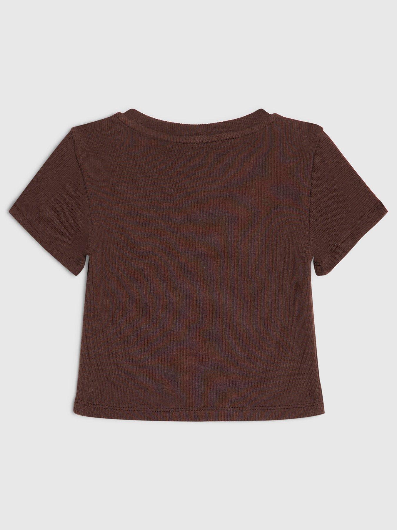 Image 2 of 4 of River Island Older Girls Sequin Embroidered T-Shirt - Brown