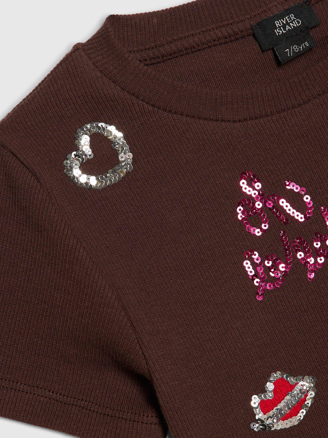 Image 3 of 4 of River Island Older Girls Sequin Embroidered T-Shirt - Brown