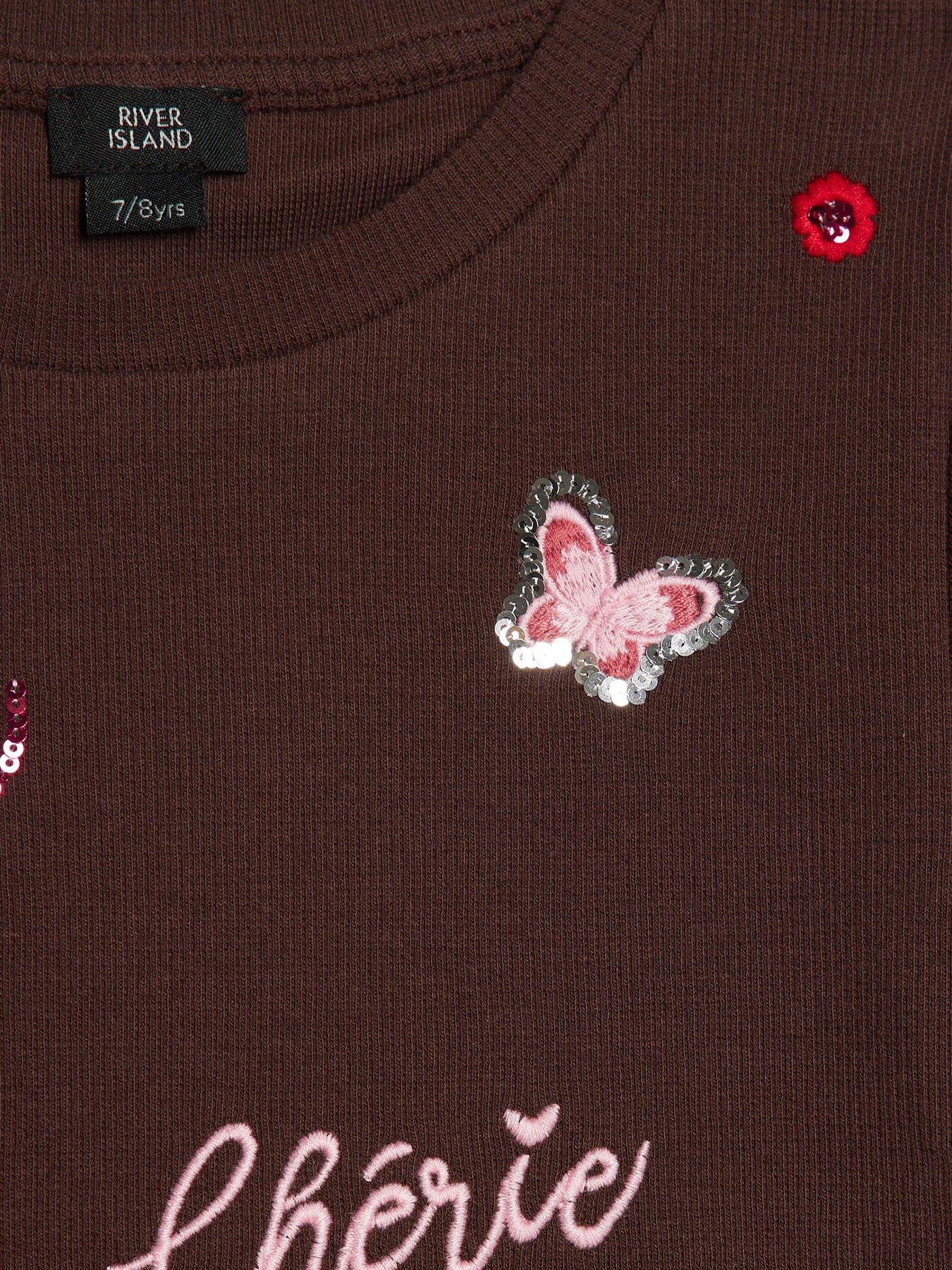 Image 4 of 4 of River Island Older Girls Sequin Embroidered T-Shirt - Brown