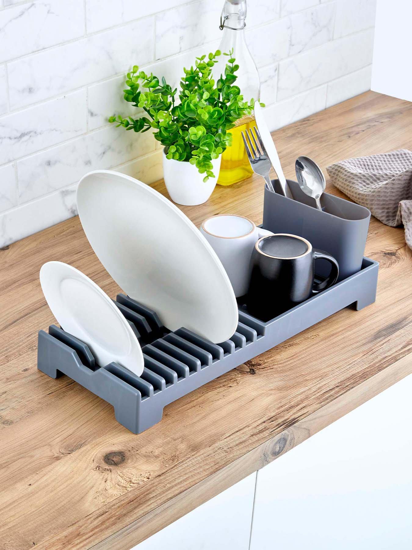 Image 1 of 7 of Tower Plastic Dish Drying Rack with Cutlery Holder, Grey
