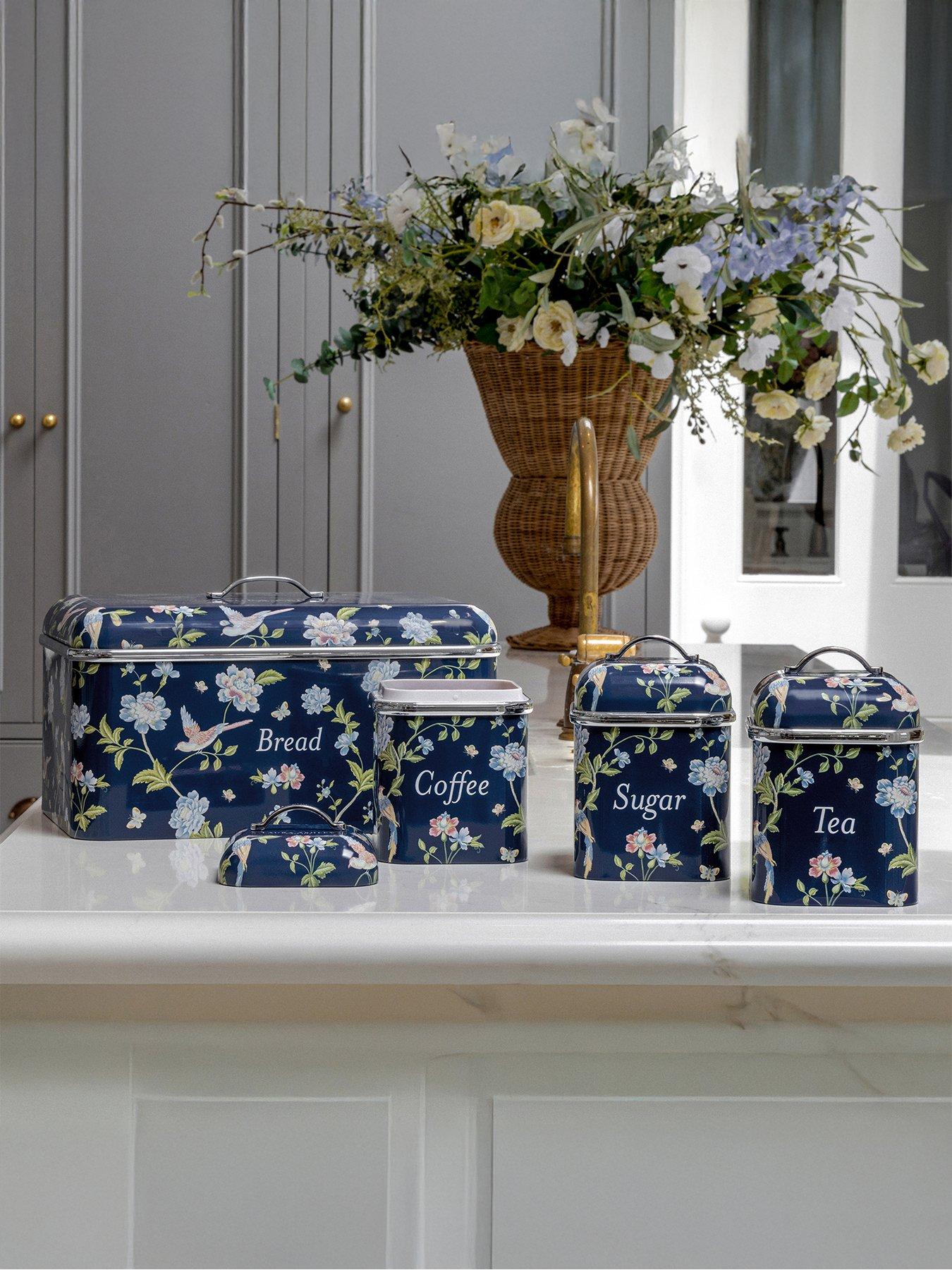 Laura Ashley Bread Bin and Set of 3 Canisters, Elveden Blue