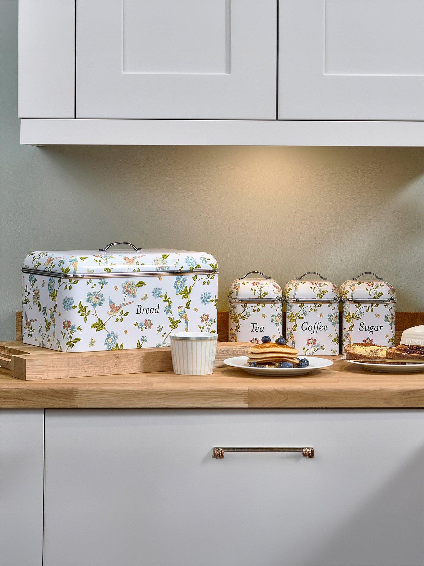 Laura Ashley Bread Bin and Set of 3 Canisters, Elveden White