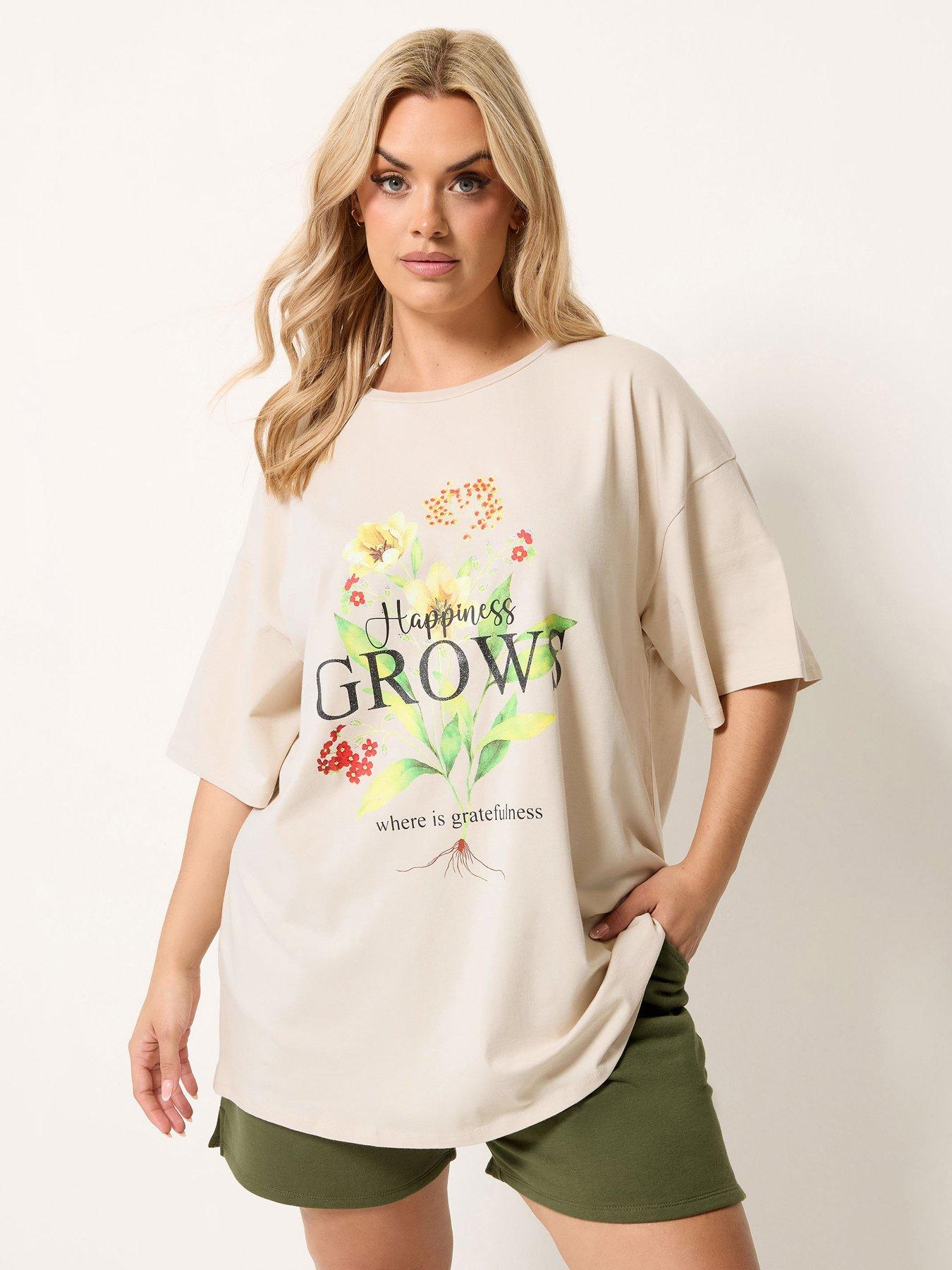 Yours Curve 'Happiness Grows' Printed T-Shirt - Cream
