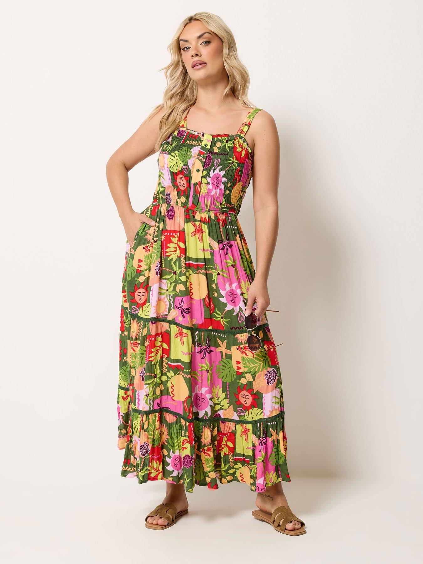 Image 1 of 4 of Yours Curve Shirred Postcard Print Placket Dress - Green