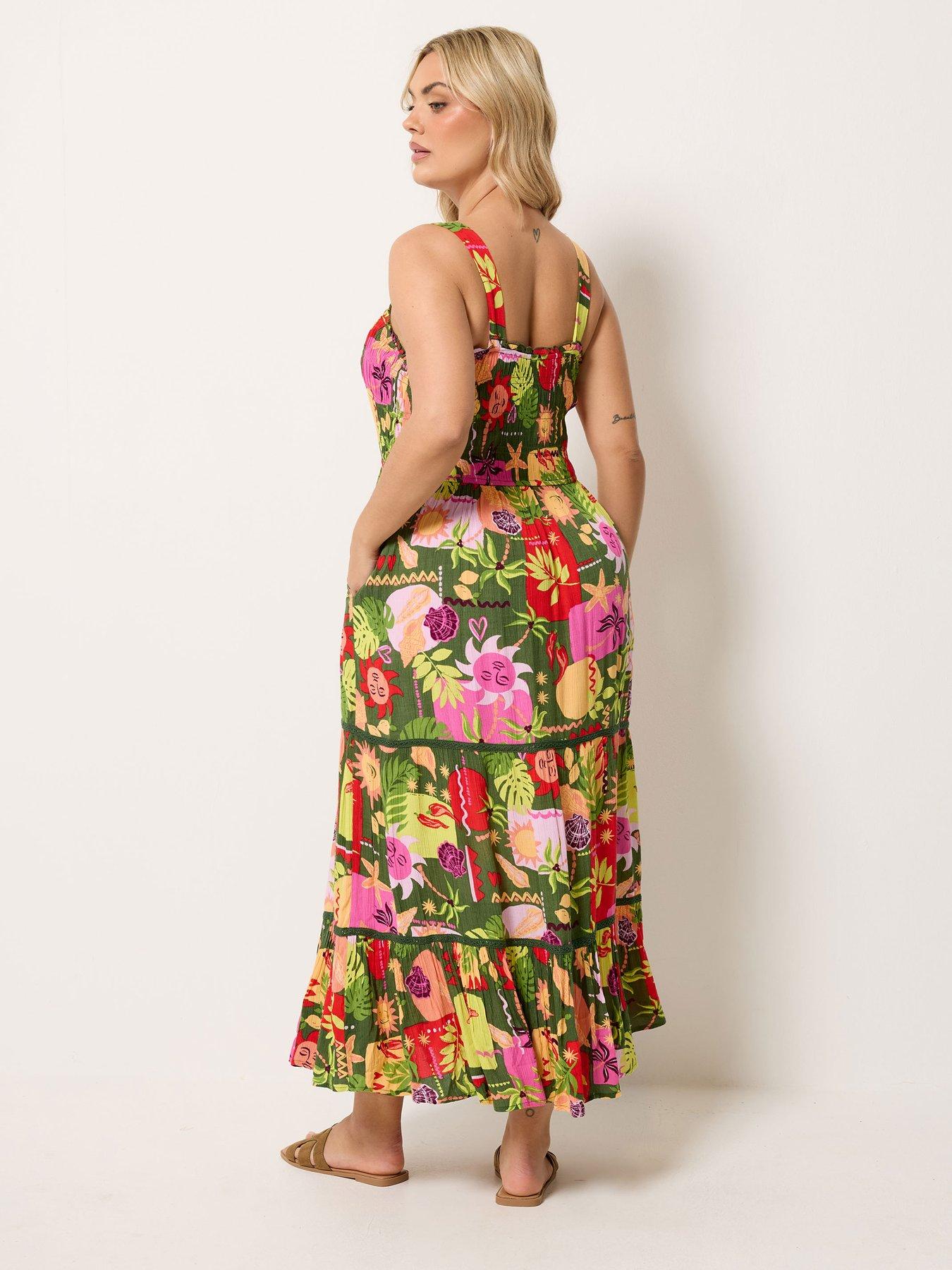 Image 2 of 4 of Yours Curve Shirred Postcard Print Placket Dress - Green