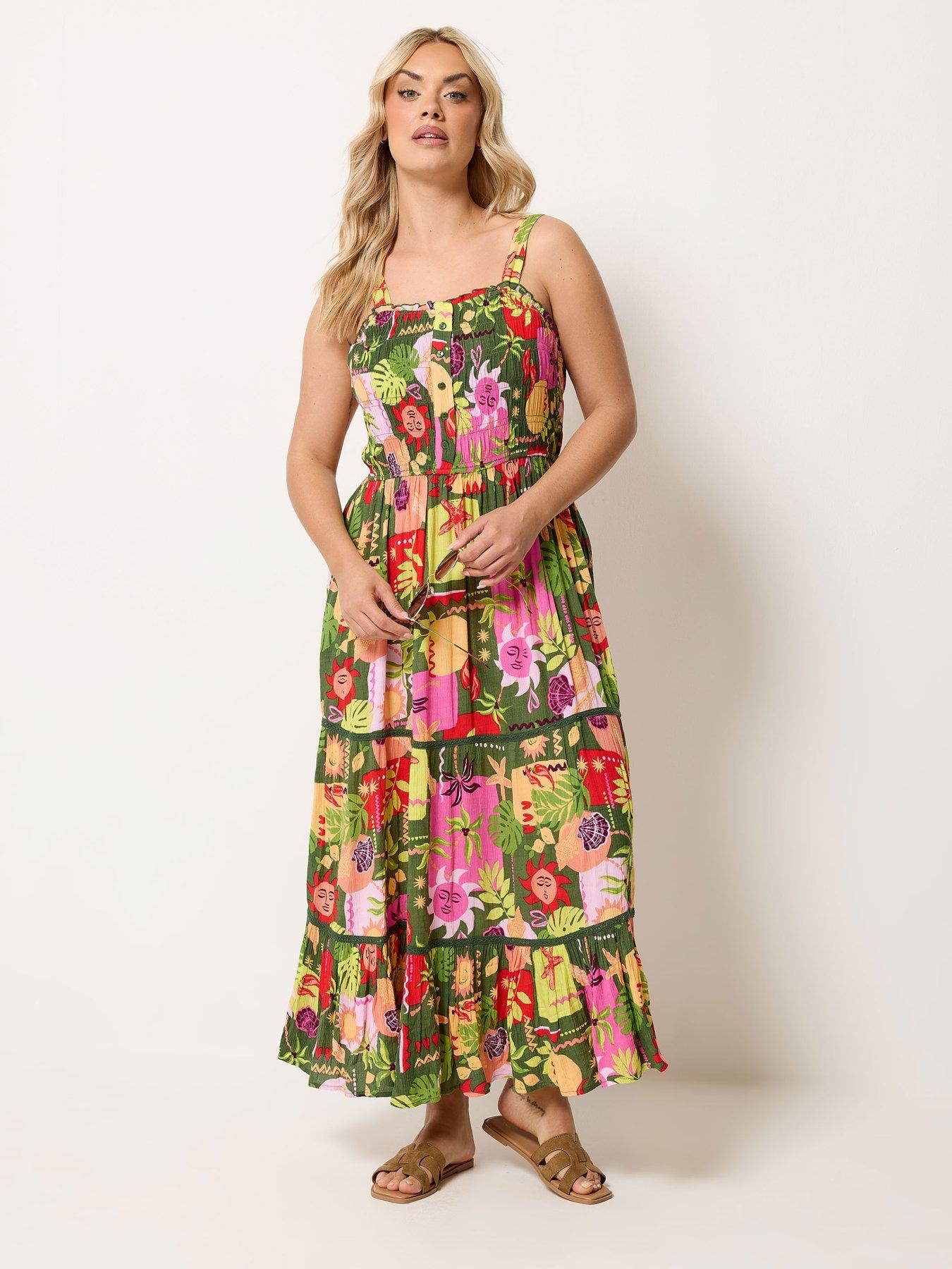 Image 3 of 4 of Yours Curve Shirred Postcard Print Placket Dress - Green