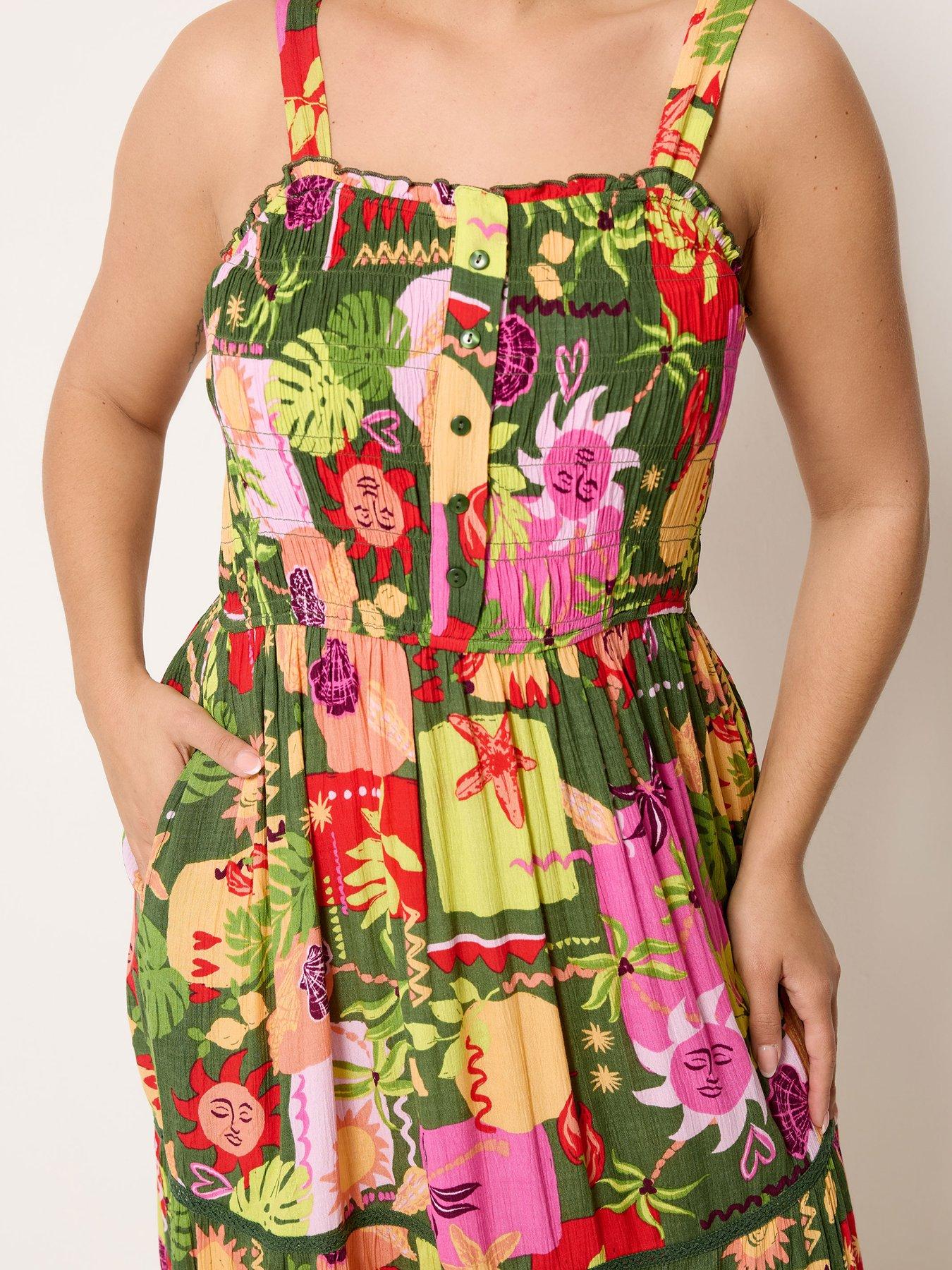 Image 4 of 4 of Yours Curve Shirred Postcard Print Placket Dress - Green