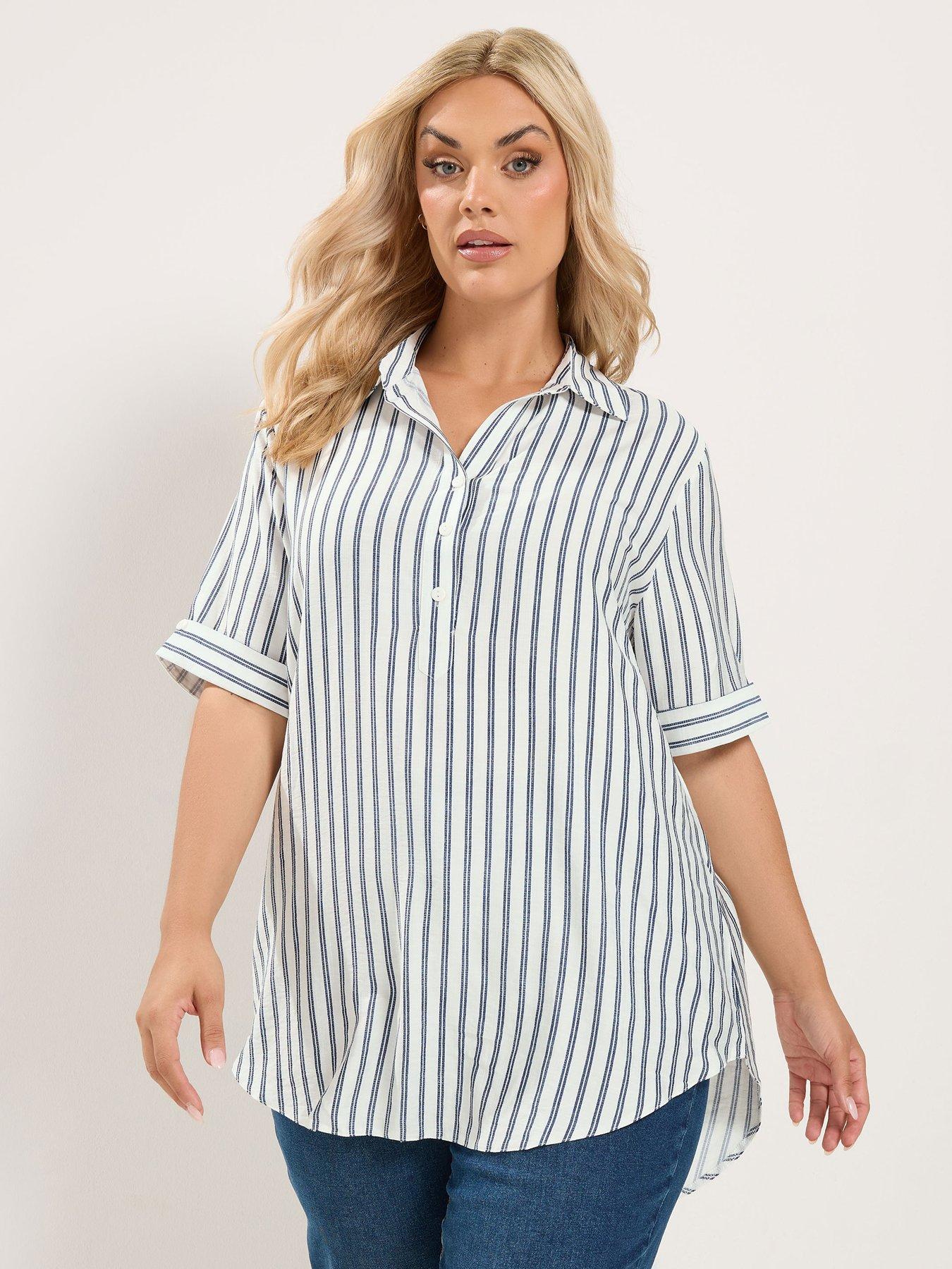 Image 1 of 4 of Yours Curve Stripe Half Placket Shirt - Ivory