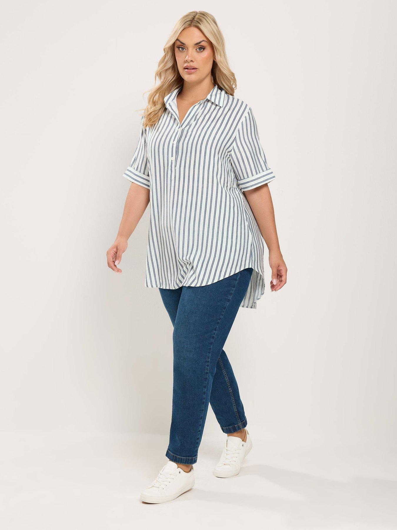 Image 3 of 4 of Yours Curve Stripe Half Placket Shirt - Ivory