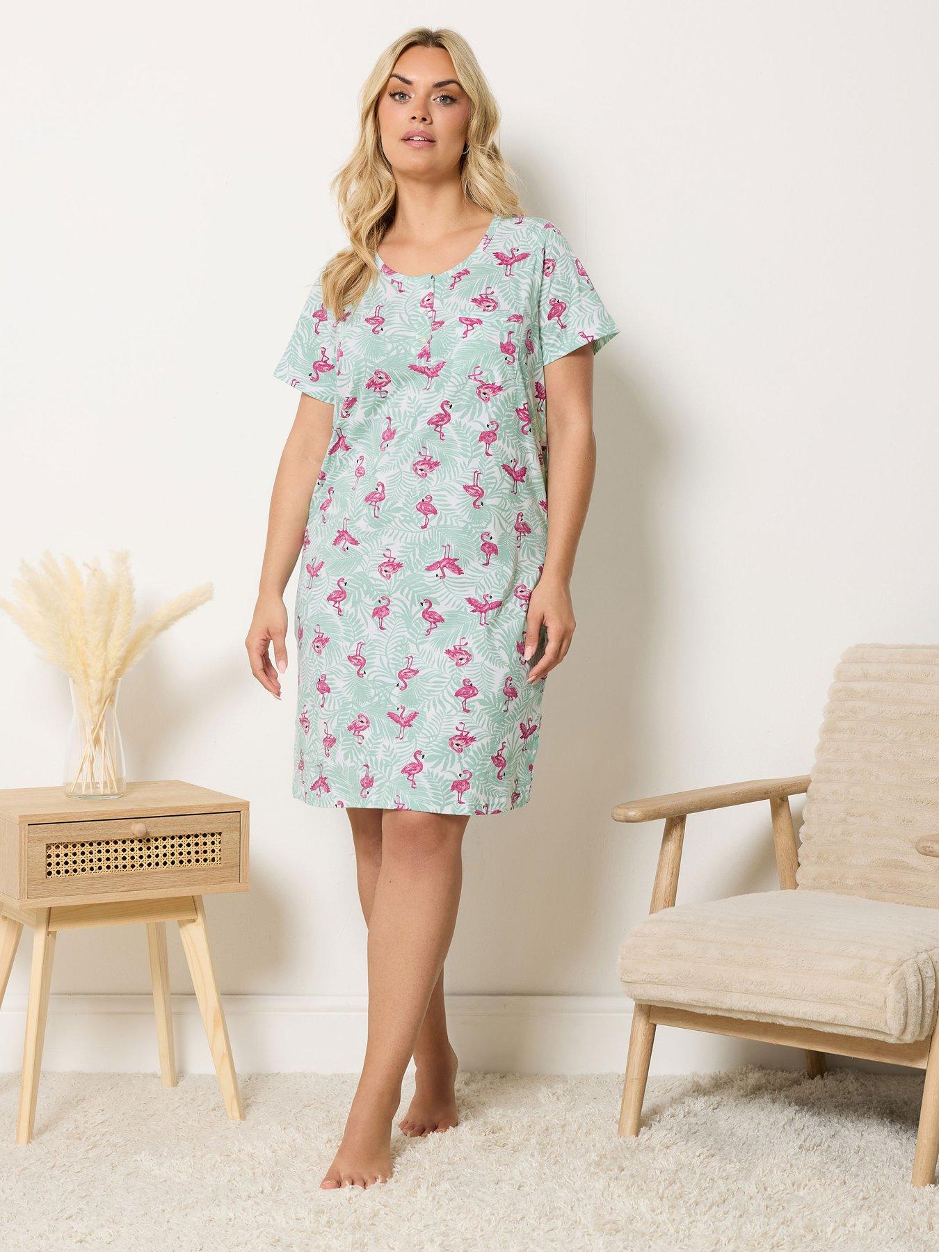 Image 3 of 4 of Yours Curve Flamingo Placket Nightdress - Green