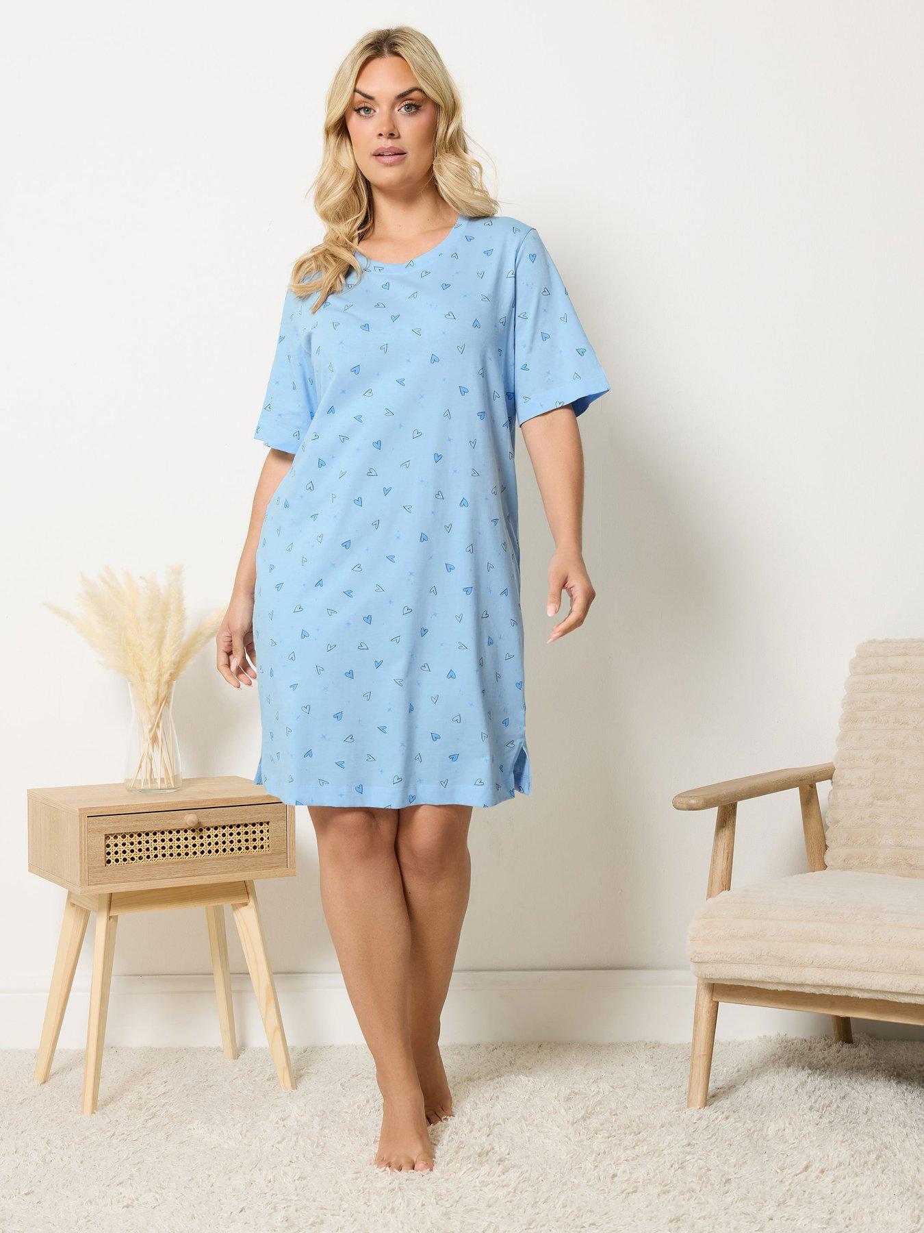 Image 3 of 4 of Yours Curve Heart Print Side Split Nightdress - Blue