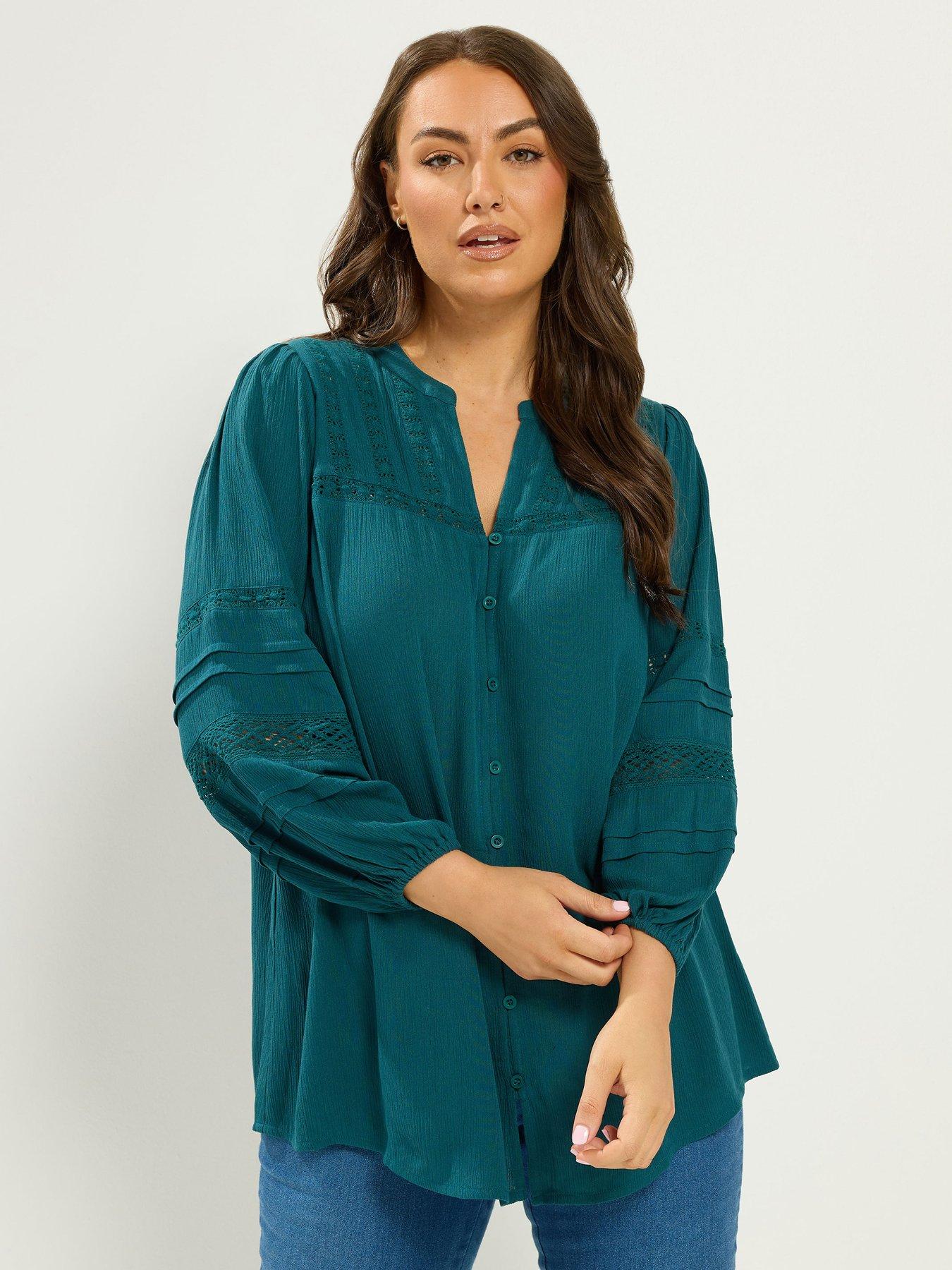 Yours Curve Crochet Sleeve Notch Neck Top - Blue