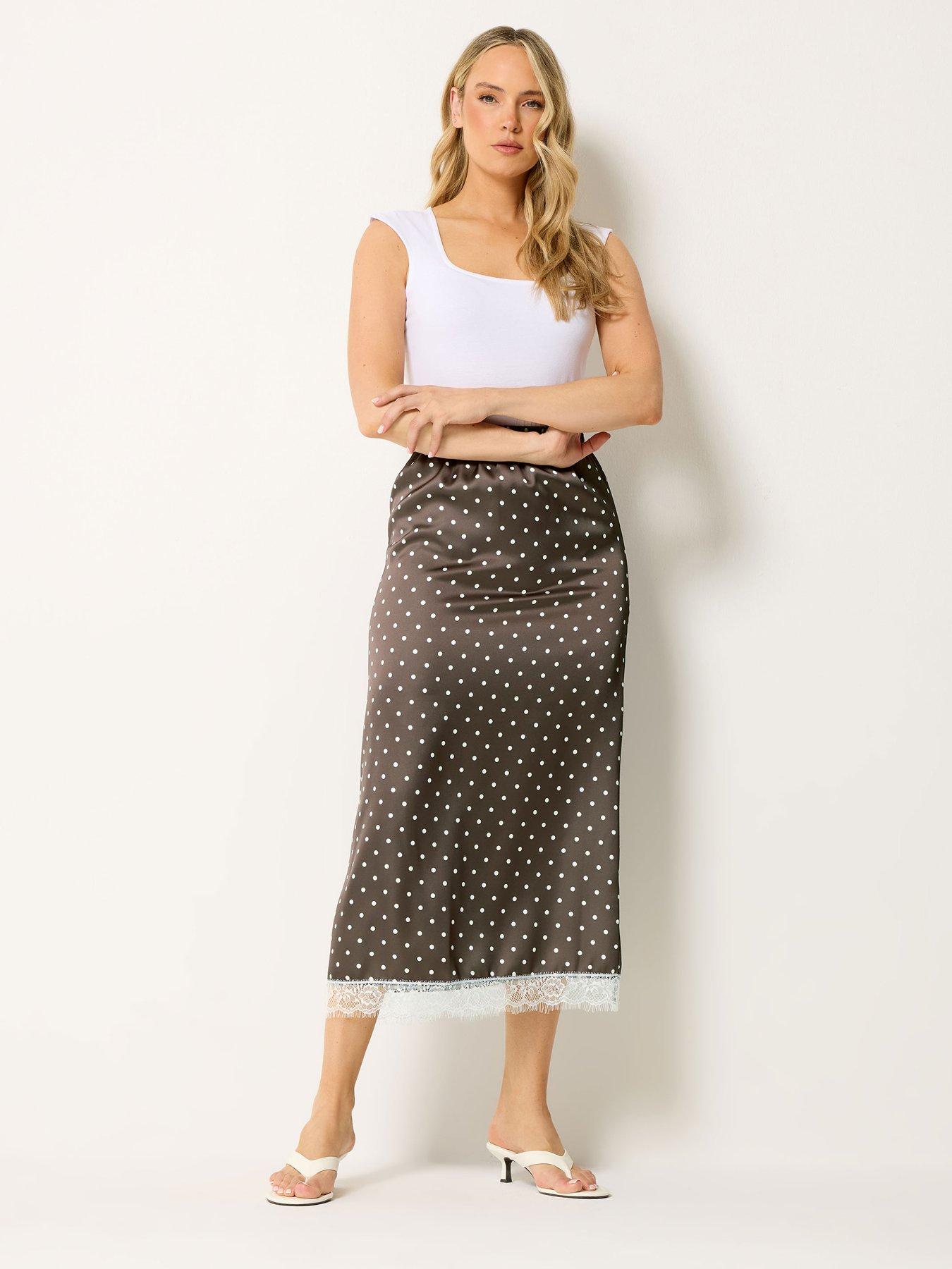Image 1 of 4 of Long Tall Sally Tall Spot Midaxi Lace Hem Skirt - Brown