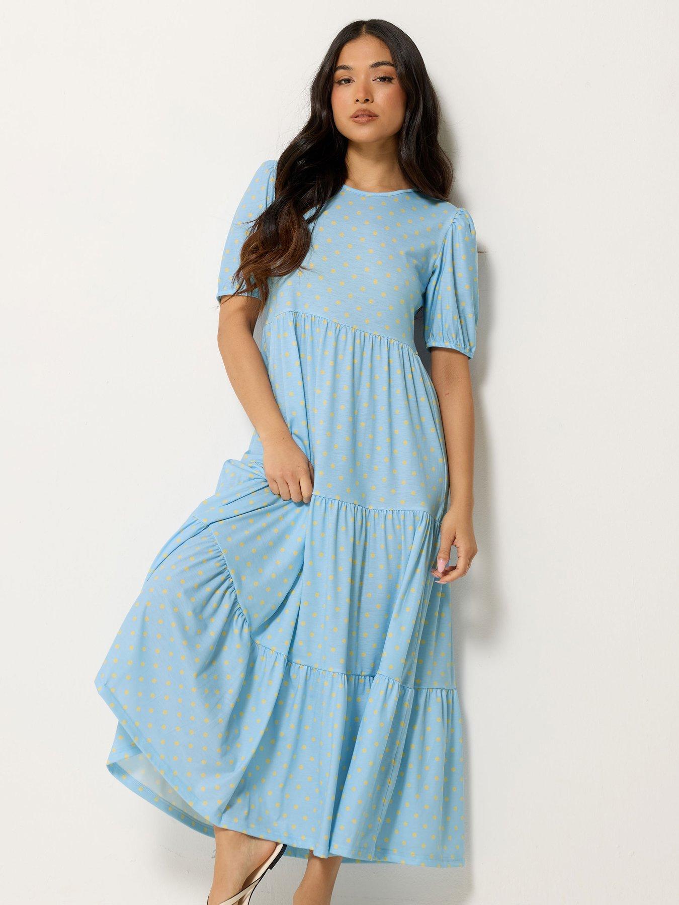PixieGirl Petite Spot Tiered Maxi Dress - Blue