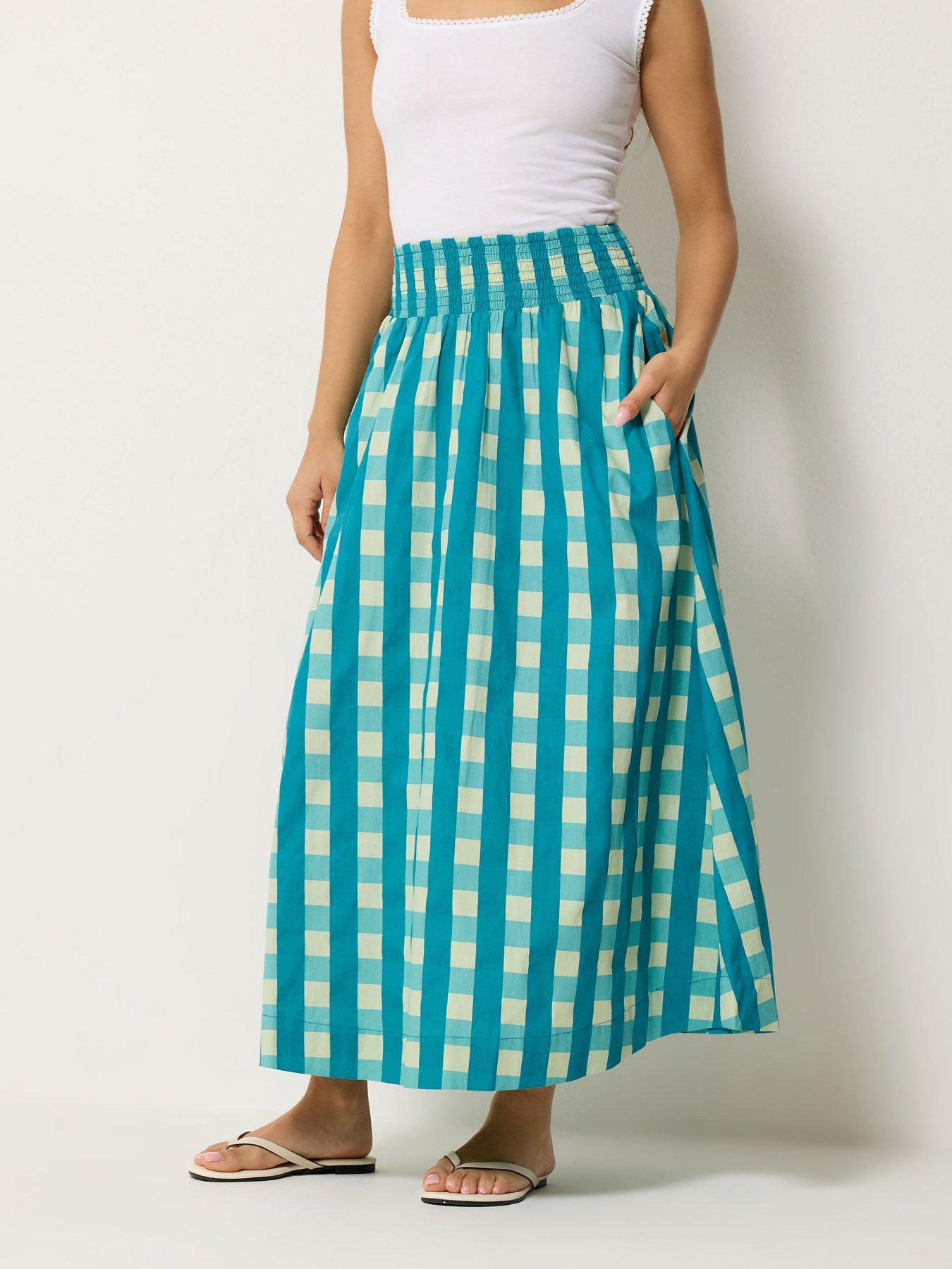 Yours Petite Gingham Check Shirred Midi Skirt - Blue