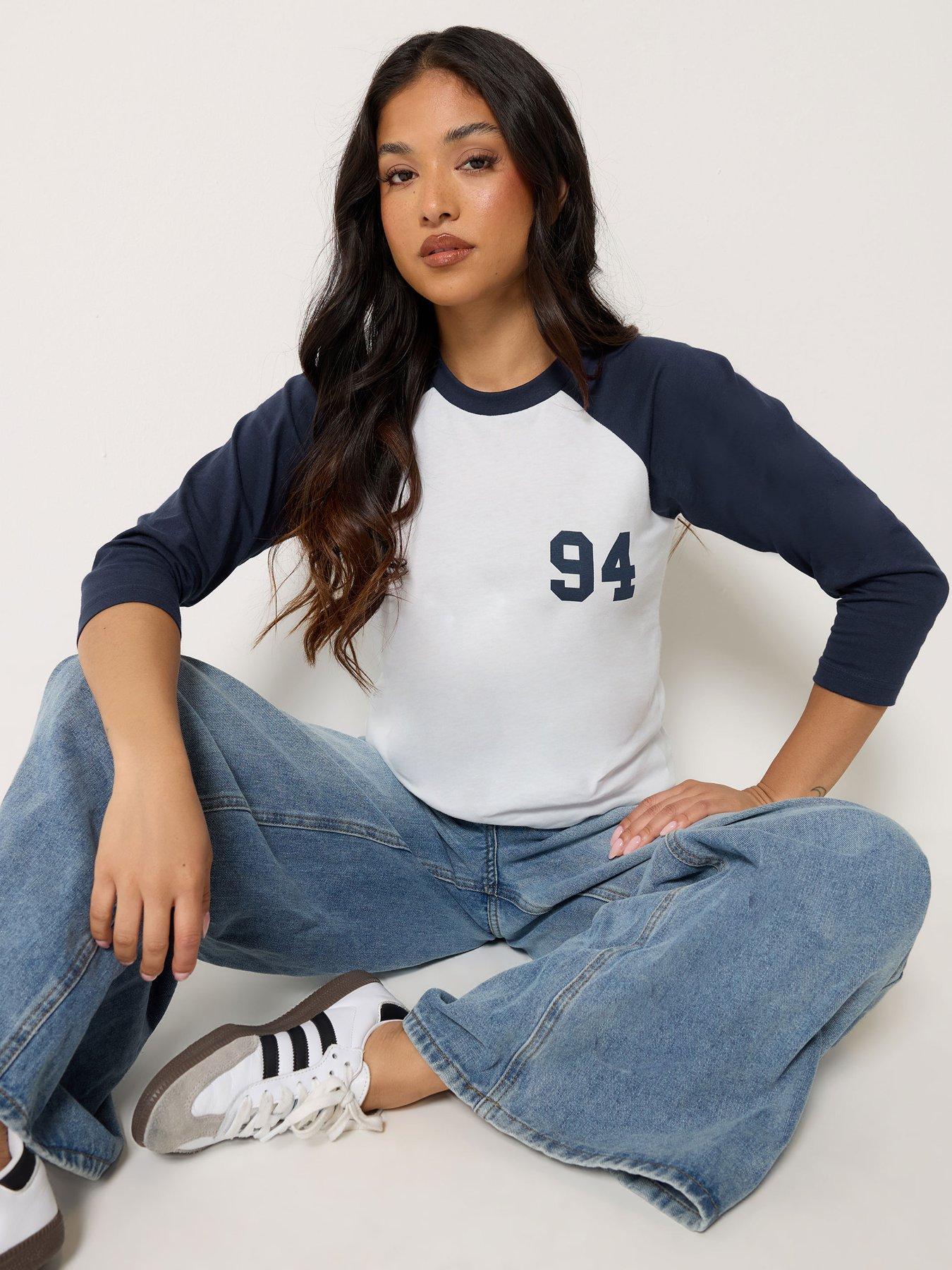 Image 1 of 4 of Yours Petite 94 Contrast Raglan Long Sleeve T-Shirt - Blue
