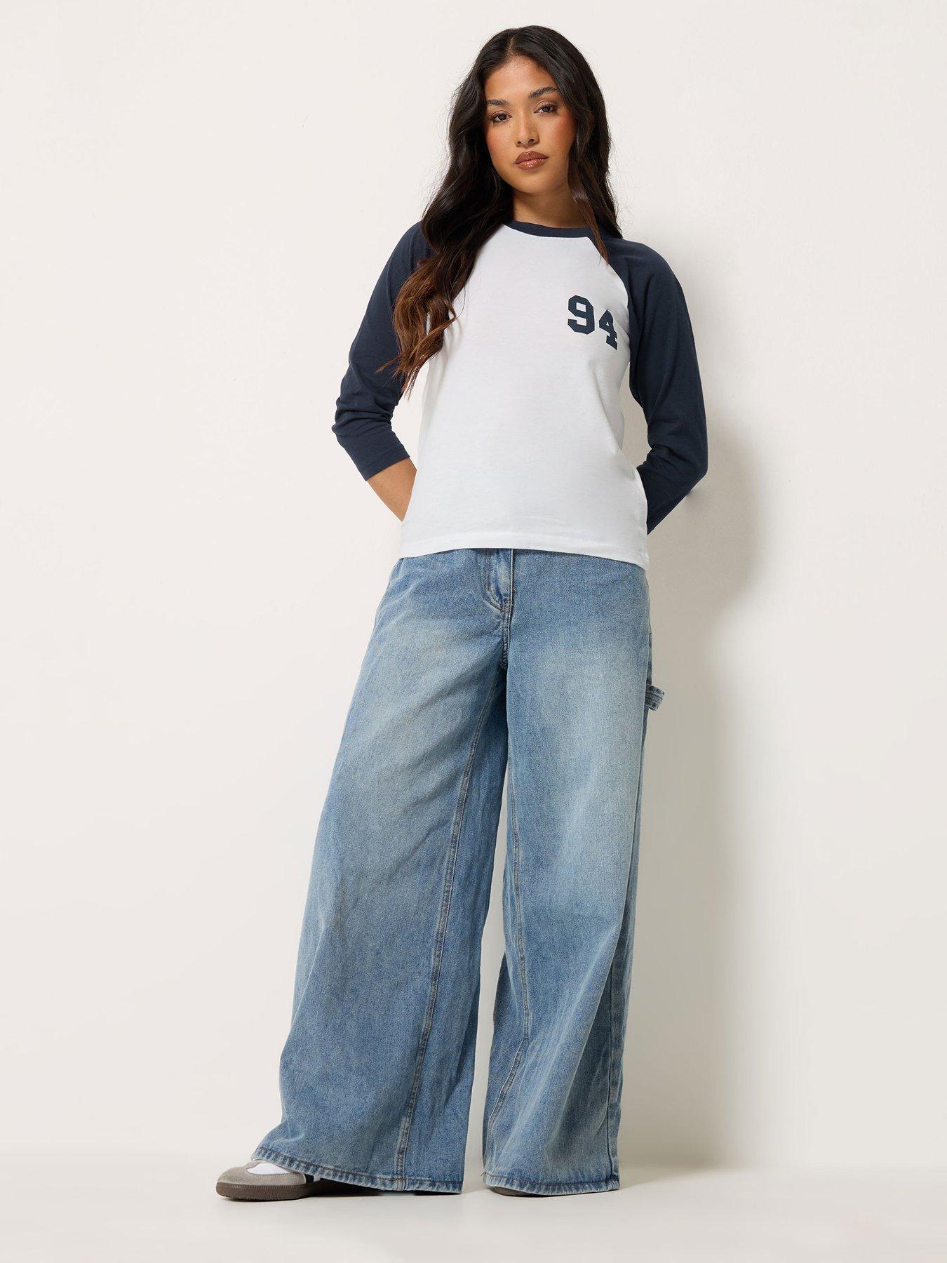 Image 3 of 4 of Yours Petite 94 Contrast Raglan Long Sleeve T-Shirt - Blue