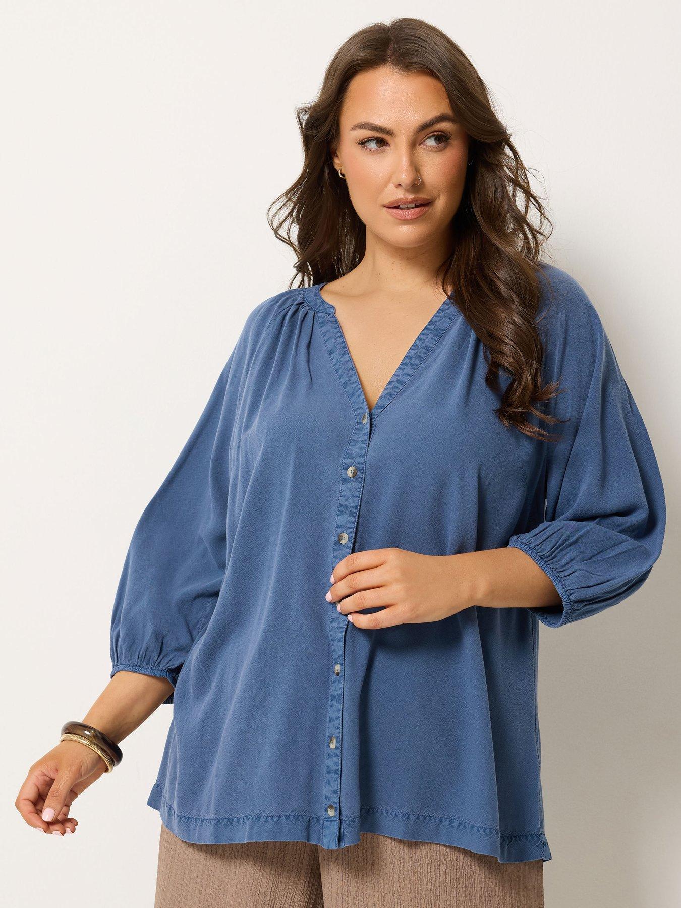 Yours Curve Chambray 3/4 Sleeve Blouse - Blue