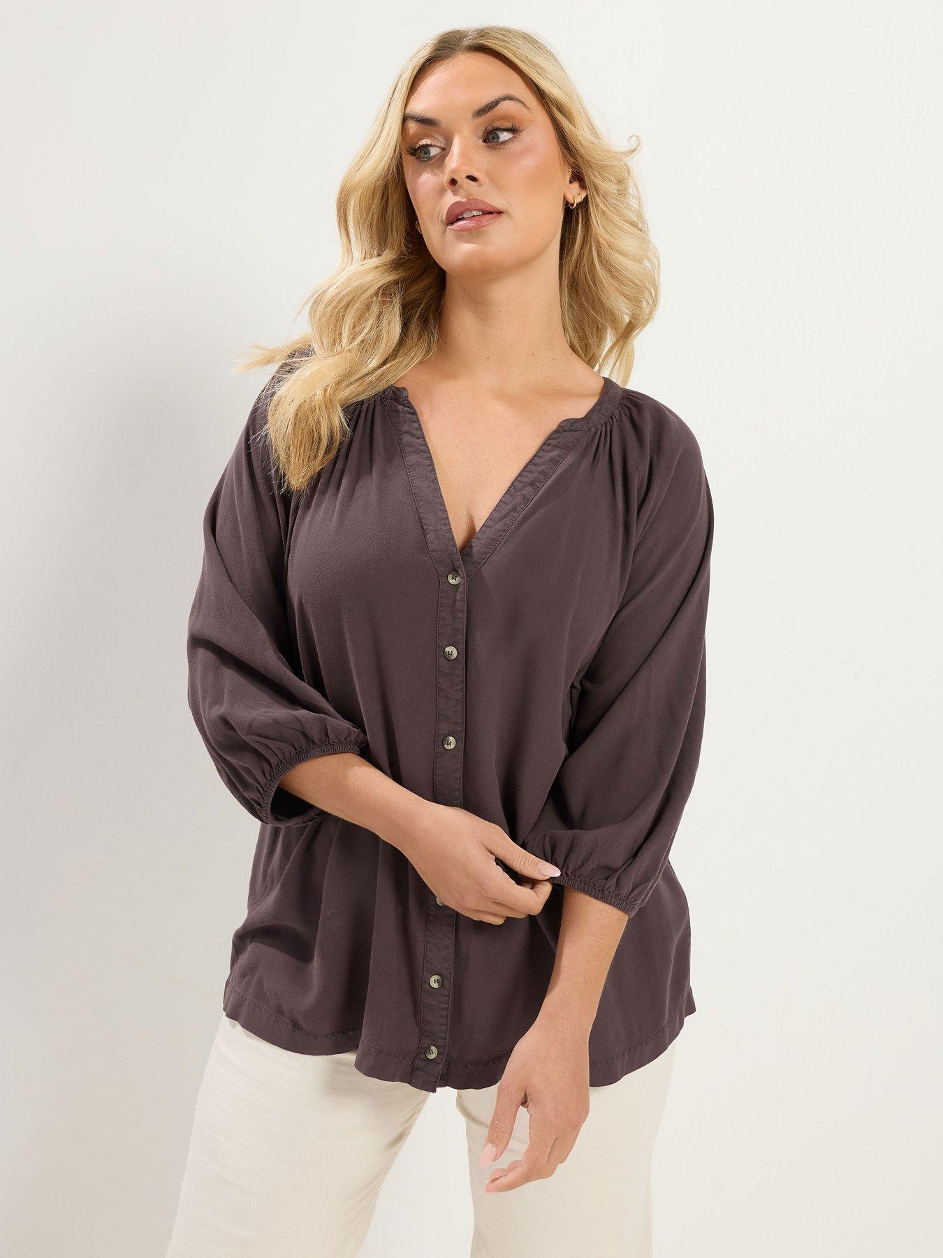 Image 1 of 4 of Yours Curve Chambray 3/4 Sleeve Blouse - Brown