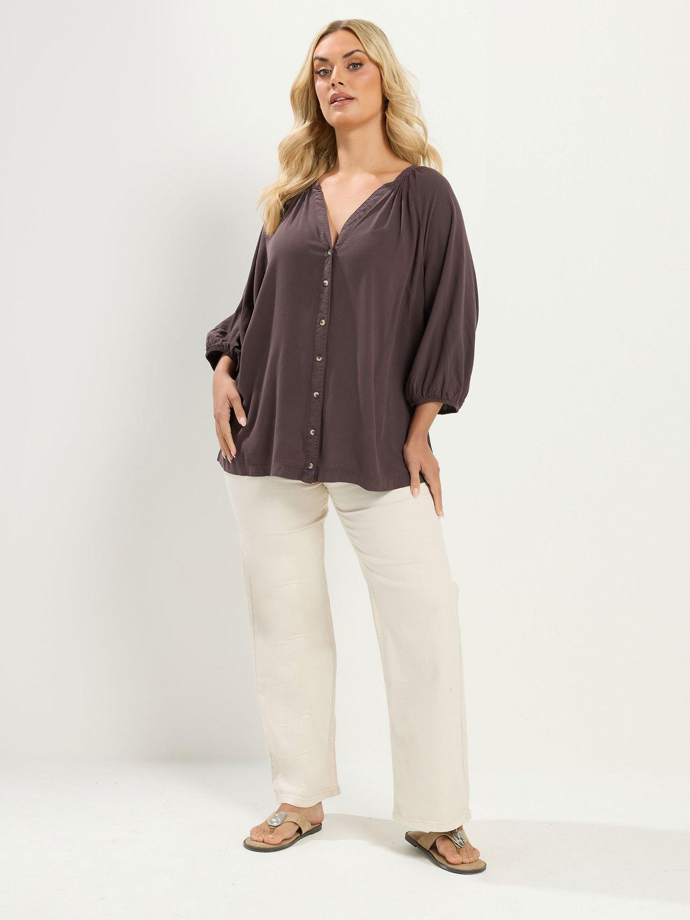 Image 3 of 4 of Yours Curve Chambray 3/4 Sleeve Blouse - Brown