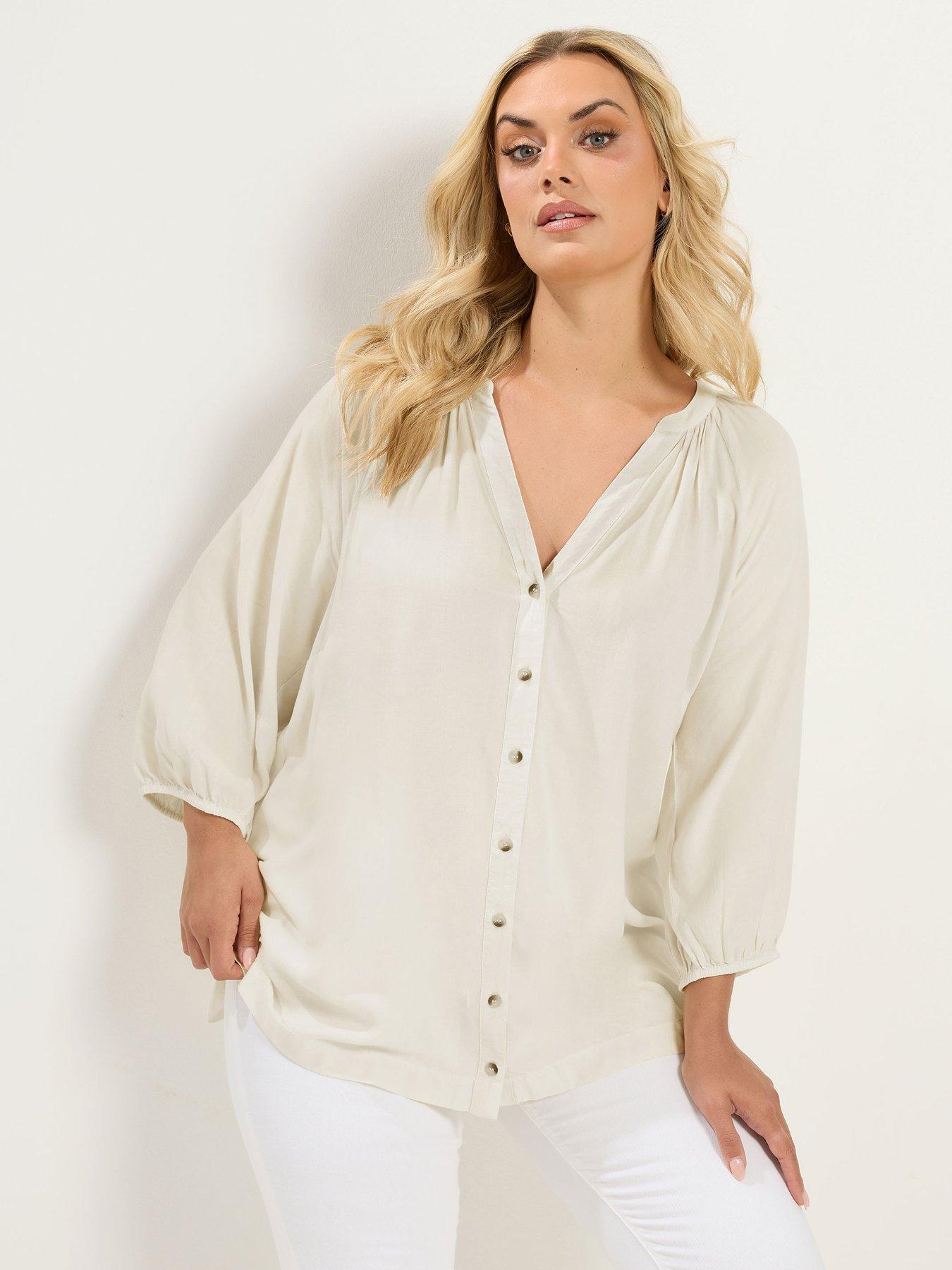 Yours Curve Chambray 3/4 Sleeve Blouse - Cream