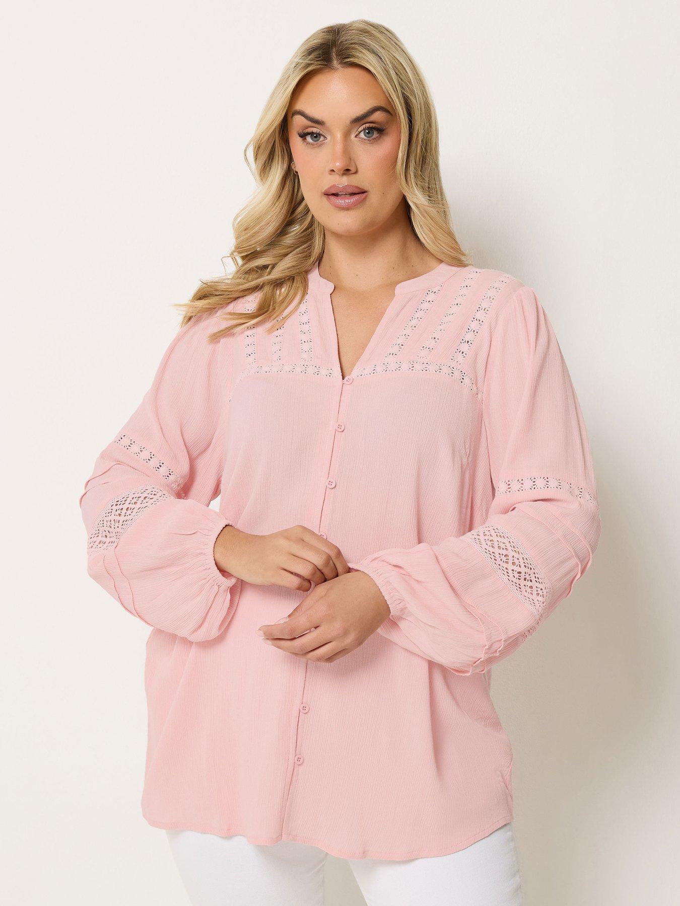 Yours Curve Crochet Sleeve Notch Neck Top - Pink