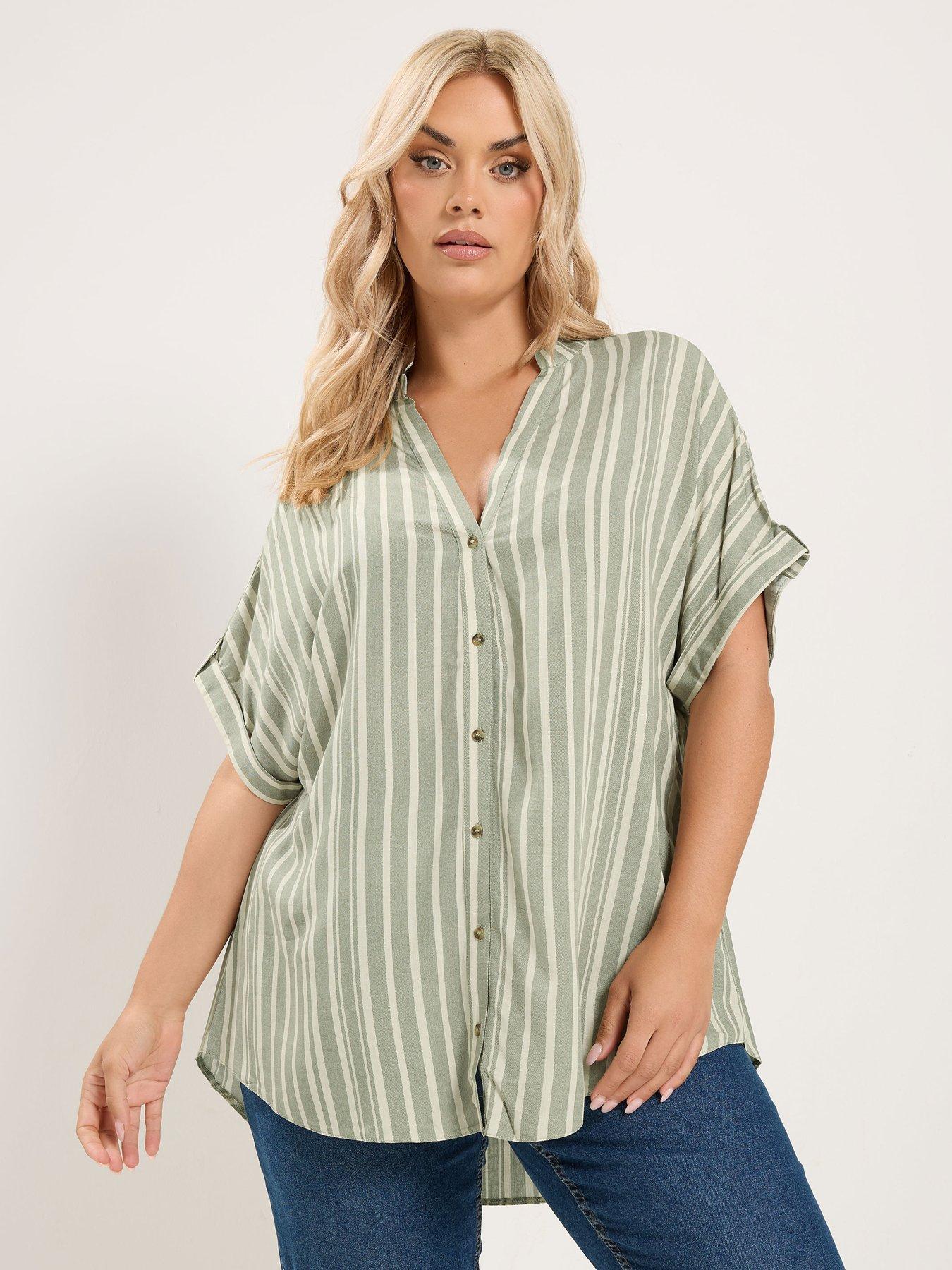 Yours Curve Stripe Tab Detail Shirt - Green