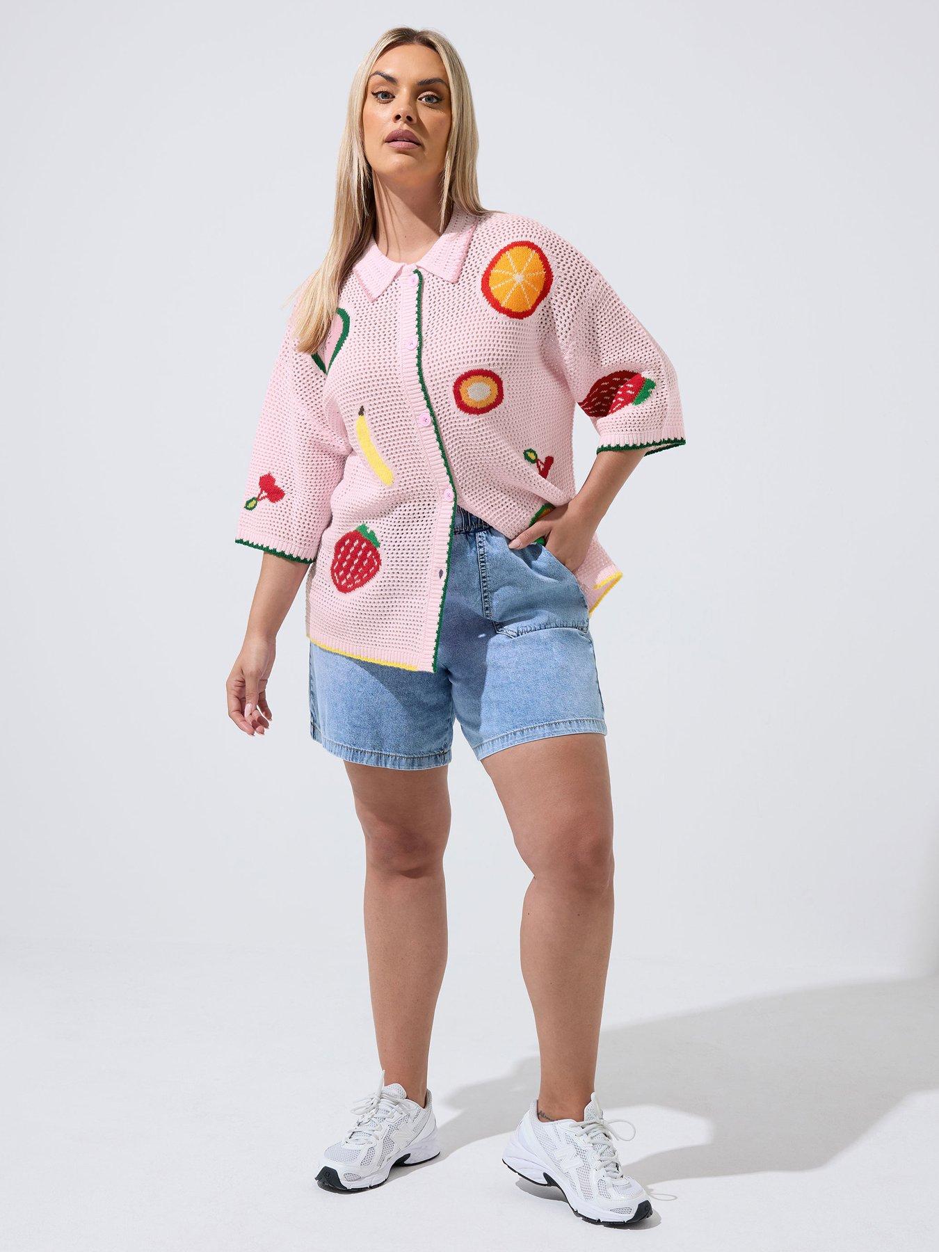 Image 3 of 4 of Yours Curve Fruit Crochet Knitted Shirt - Pink